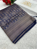 Navy blue Banarasi Dupion Silk Saree with Embossed Antique Zari Weaving & Rich Antique Zari Pallu | STF97