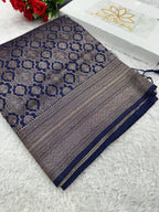 Navy blue Banarasi Dupion Silk Saree with Embossed Antique Zari Weaving & Rich Antique Zari Pallu | STF97