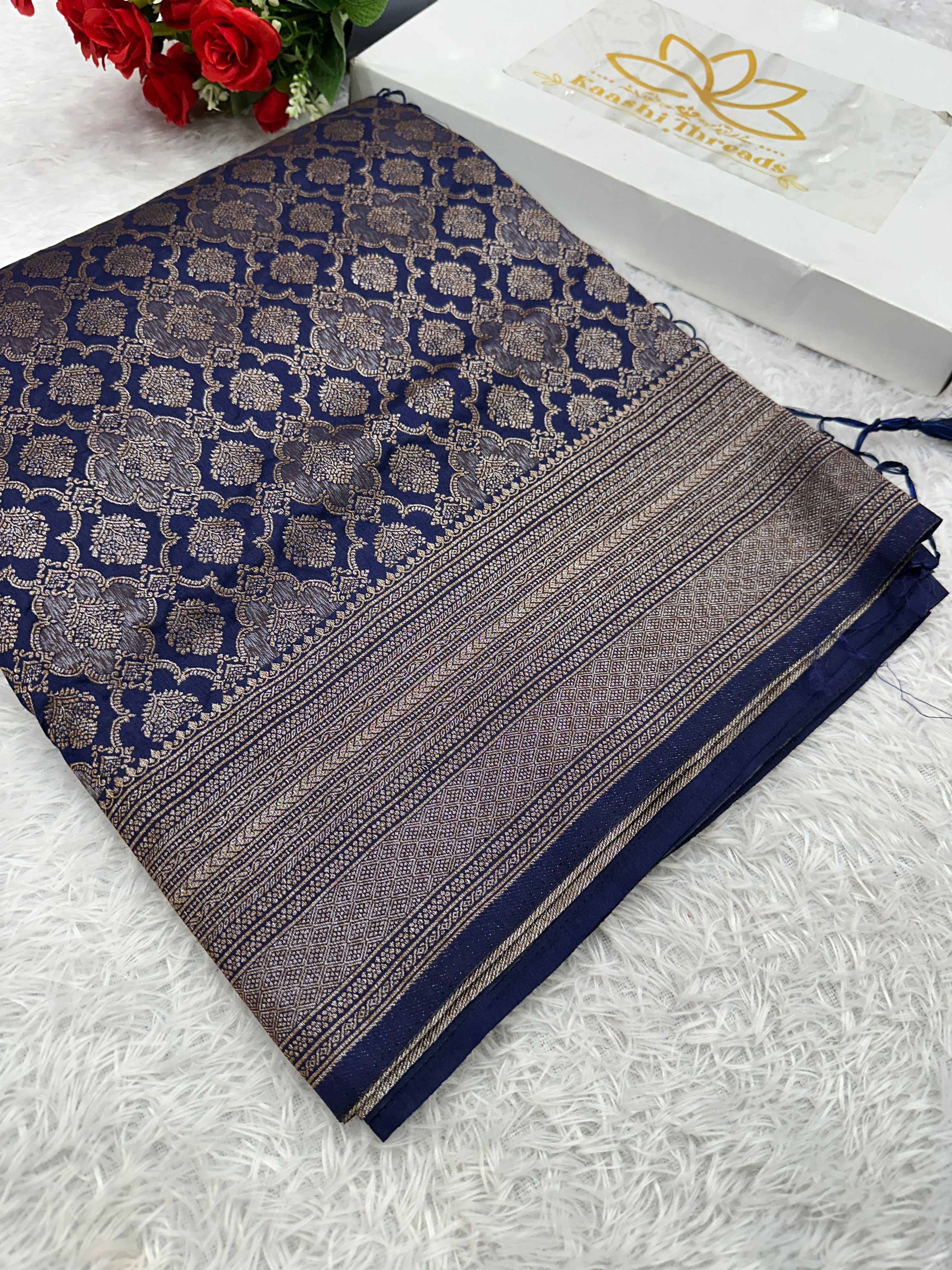 Navy blue Banarasi Dupion Silk Saree with Embossed Antique Zari Weaving & Rich Antique Zari Pallu | STF97