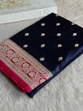 Royal Navy Blue Mashru Kataan Silk Banarasi Saree with Reddish Pink Contrast Border – MKS671