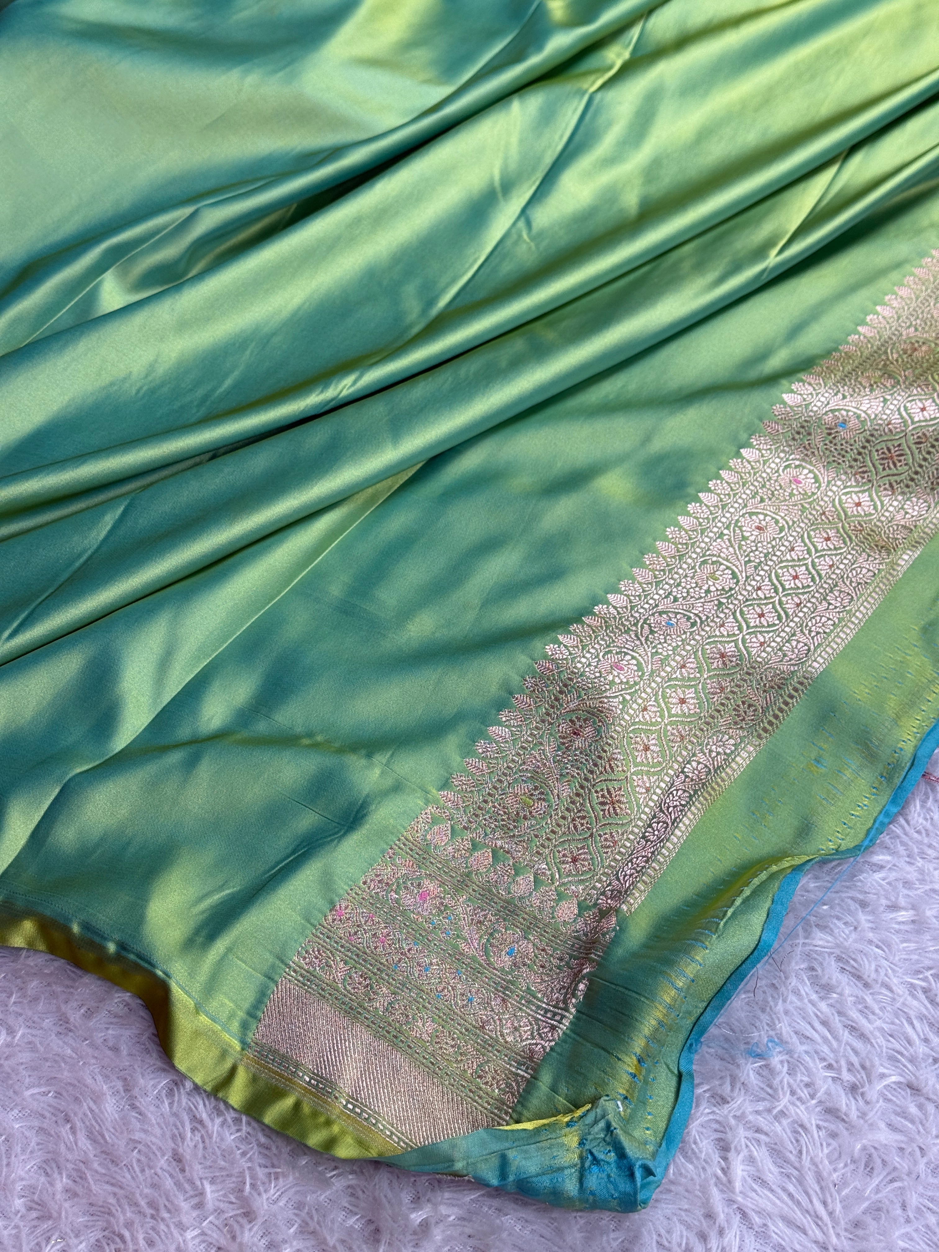 Sea Green Mashru Kataan Silk Saree With Rangkaat Alfi Meenakari Jaal Design – MKS646
