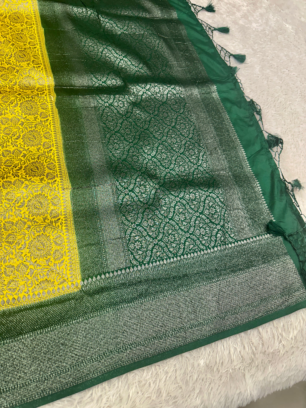 STF43– Radiant Lemon Yellow Dupion Saree with Silver-Black Antique Zari Weaving
