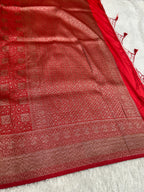 Red Banarasi Dupion Silk Saree with Embossed Antique Zari Weaving & Rich Antique Zari Pallu | STF107