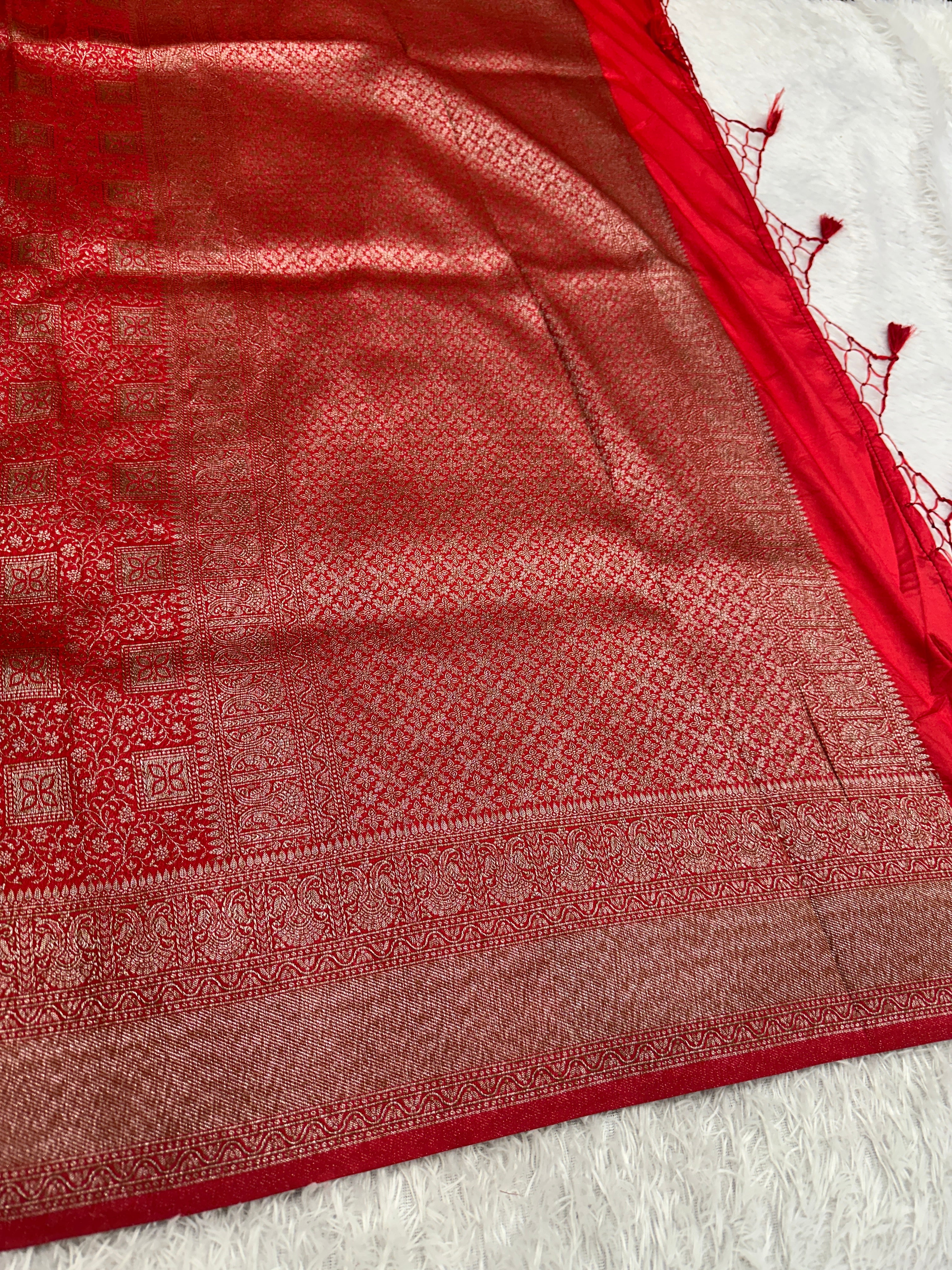 Red Banarasi Dupion Silk Saree with Embossed Antique Zari Weaving & Rich Antique Zari Pallu | STF107