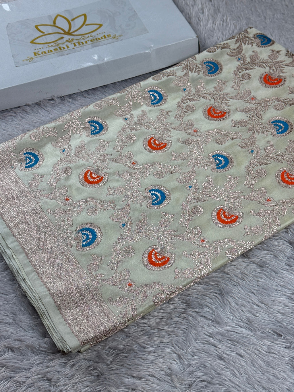 Elegant Pista Cream Mashru Kataan Saree with Meenakari Jaal Work MKS601