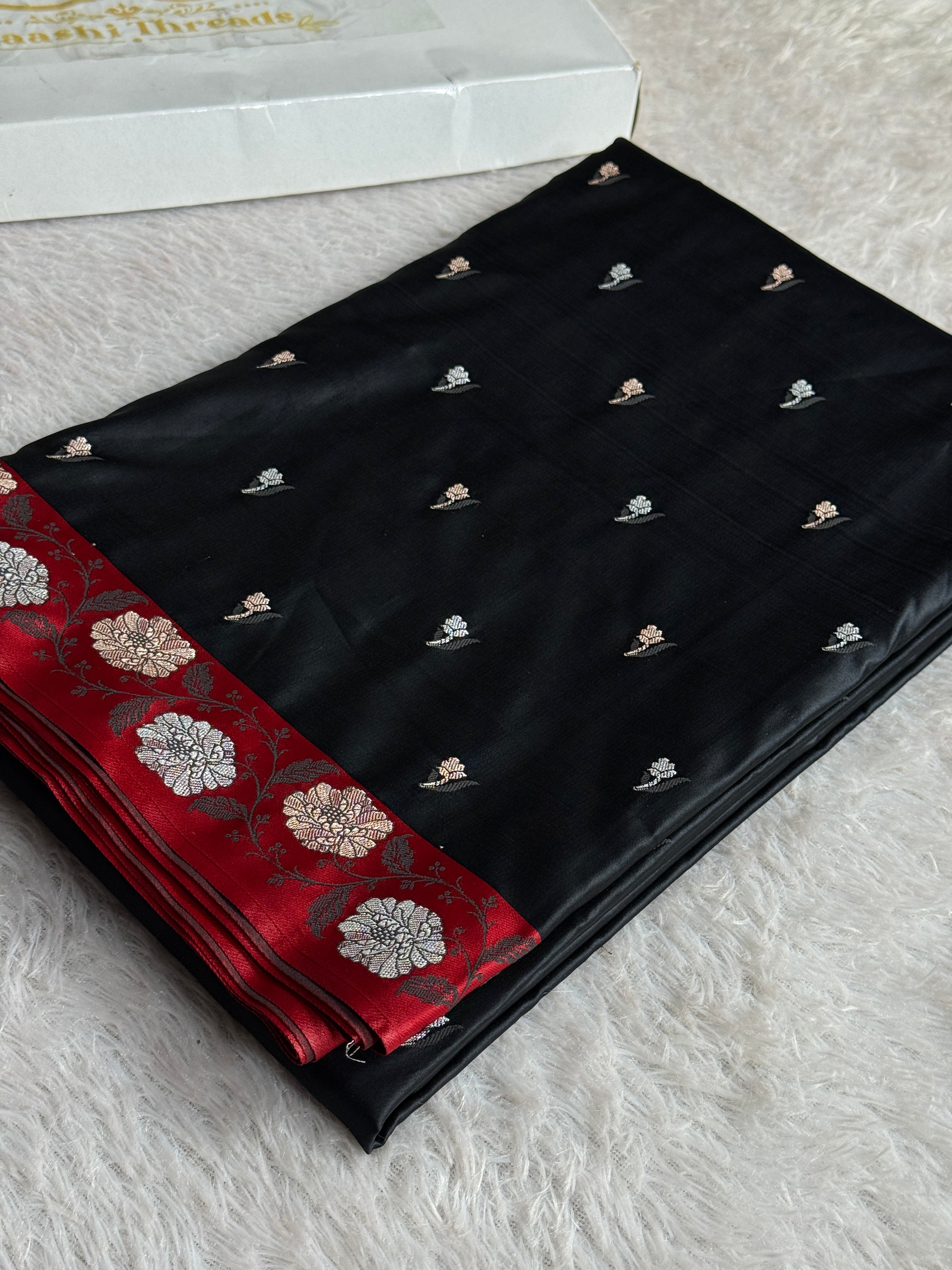 Elegant Black Mashru Kataan Silk Saree with Meenakari Buta Weaving – MKS668