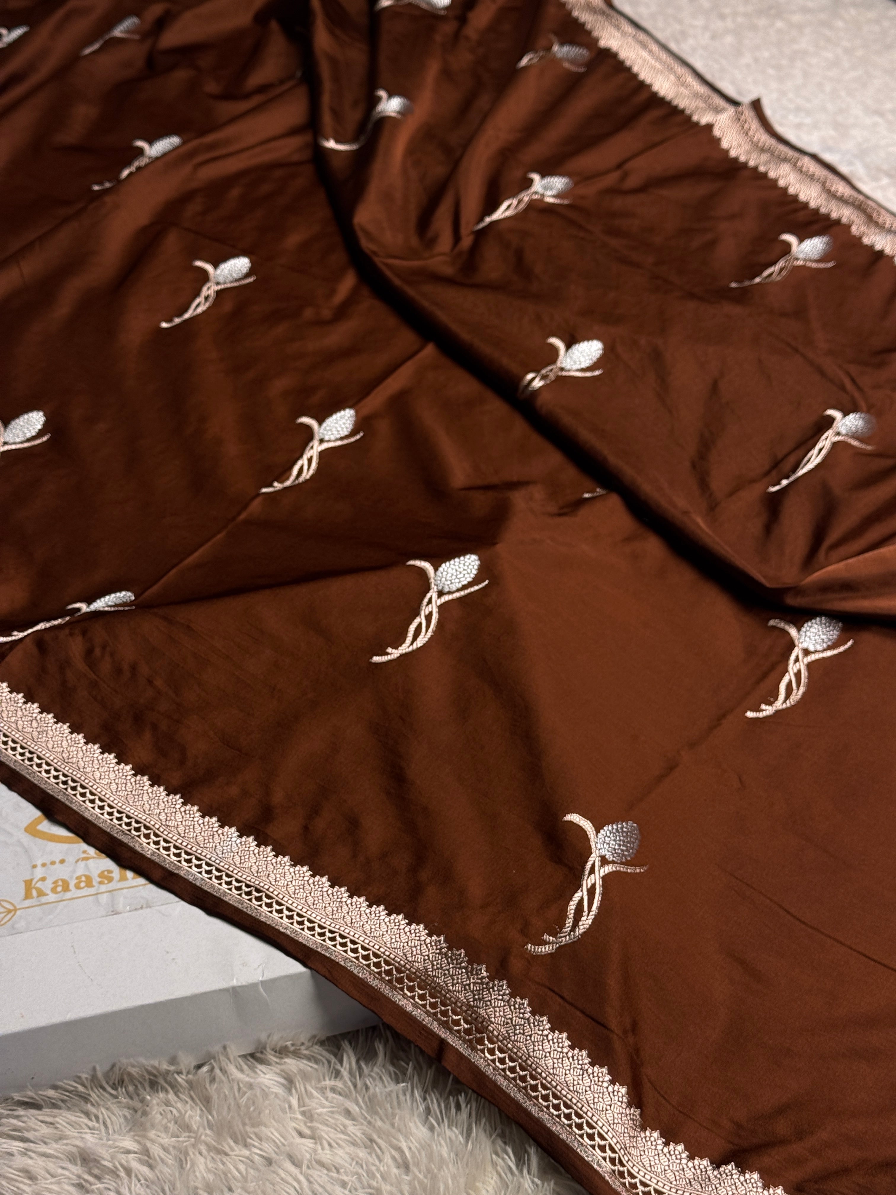 Elegant Coffee Banarasi Mashru Silk Saree with Meena Silver Zari Woven Pattern MKS221