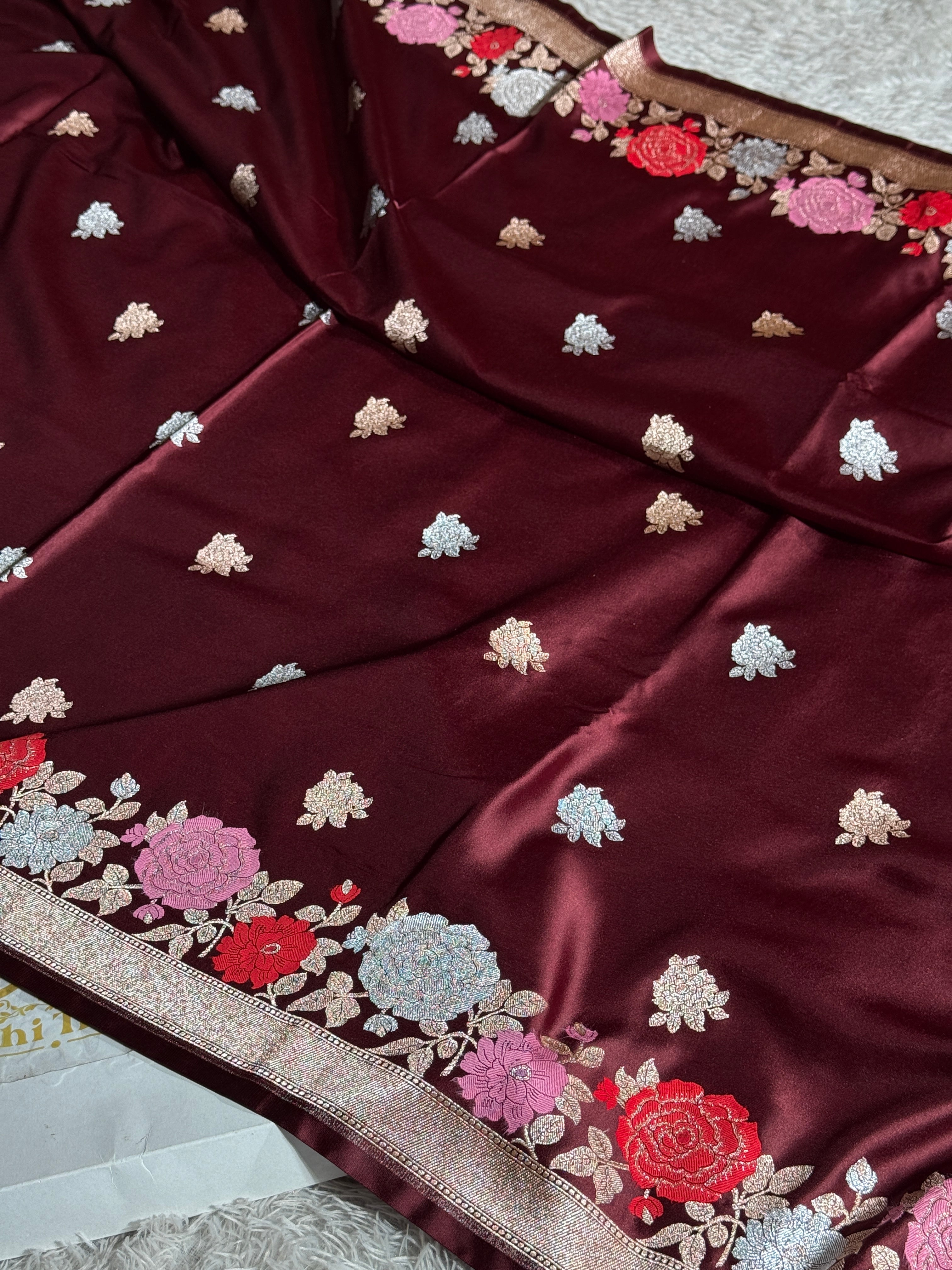 Maroon Mashru Kataan Silk Saree with Zari Buta & Meenakari Border | Rich Zari Pallu | MKS507