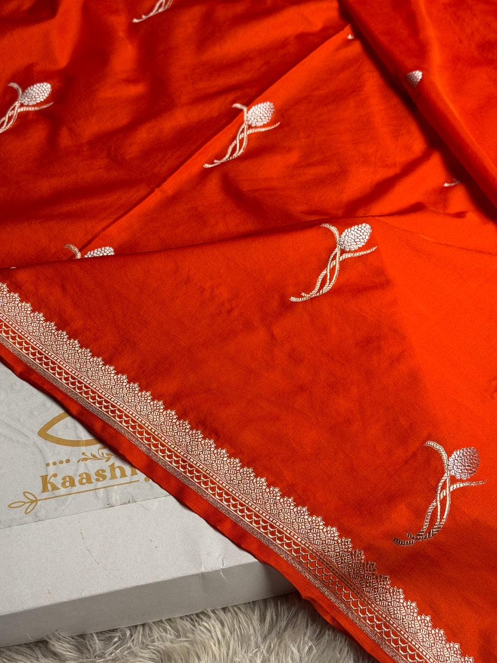 Orange Silver Meena Buta Banarasi Satin Mashru Silk Saree – Running Blouse | 780g MKS234
