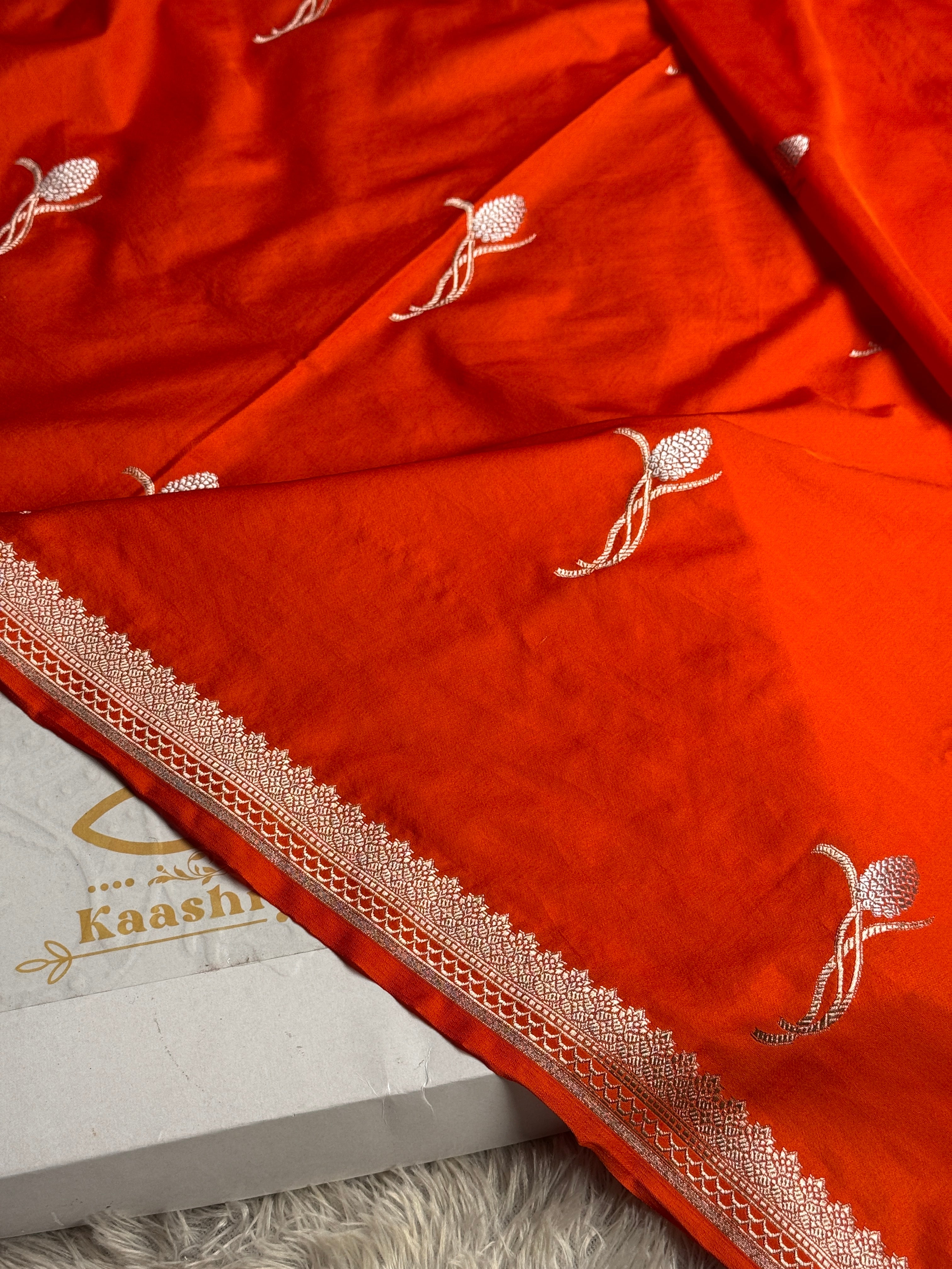 Orange Silver Meena Buta Banarasi Satin Mashru Silk Saree – Running Blouse | 780g MKS234