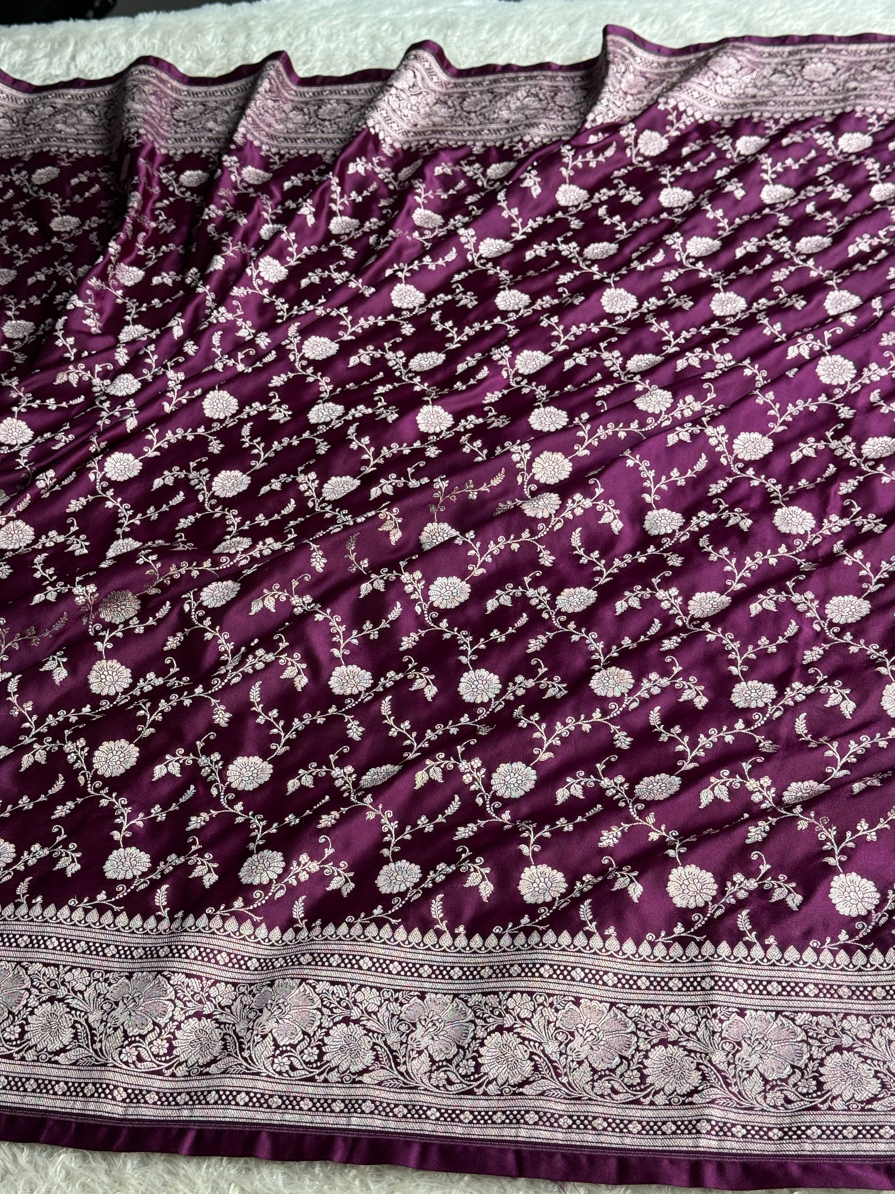 Banarasi Mashru Kataan Silk Saree in Magenta | Jaal Woven Design | MKS757