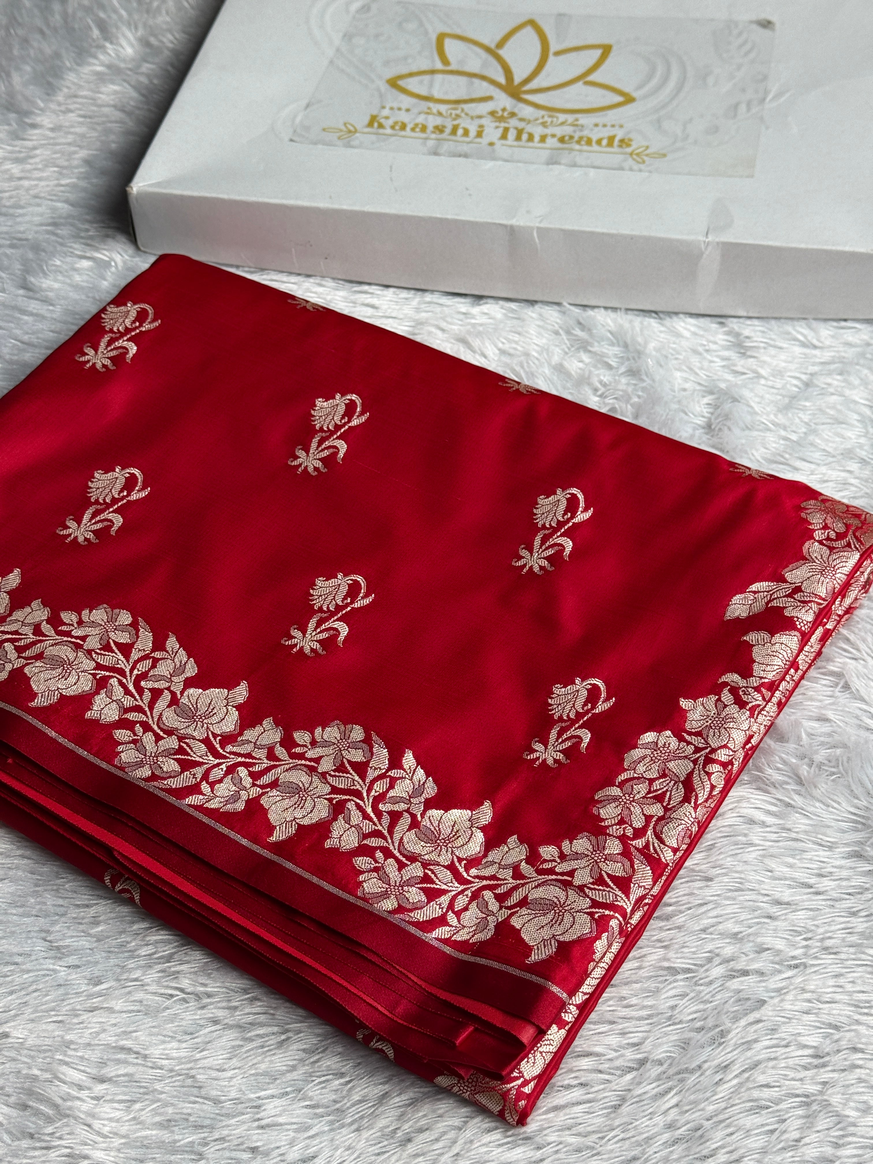 Red Mashru Kataan Silk Banarasi Saree with Buta Woven Design | Kaashi Threads (MKS522)