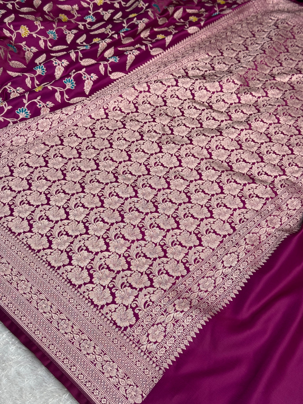 Royal Magenta Mashru Kataan Silk Banarasi Saree with Meenakari Jaal Weaving | MKS710