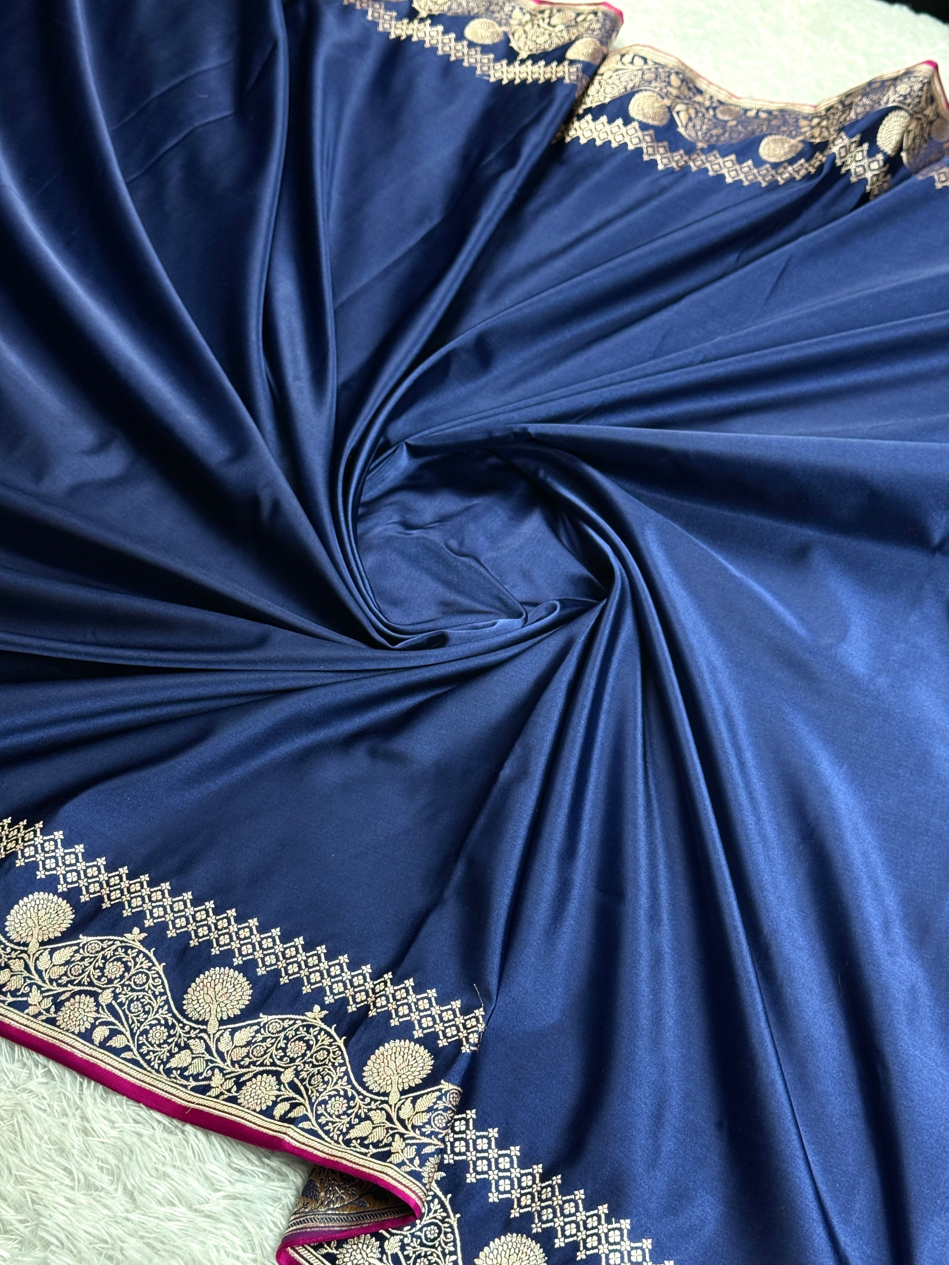Blue Mashru Kataan Silk Saree with Zari Border & Rich Pallu – Banarasi Woven | MKS503