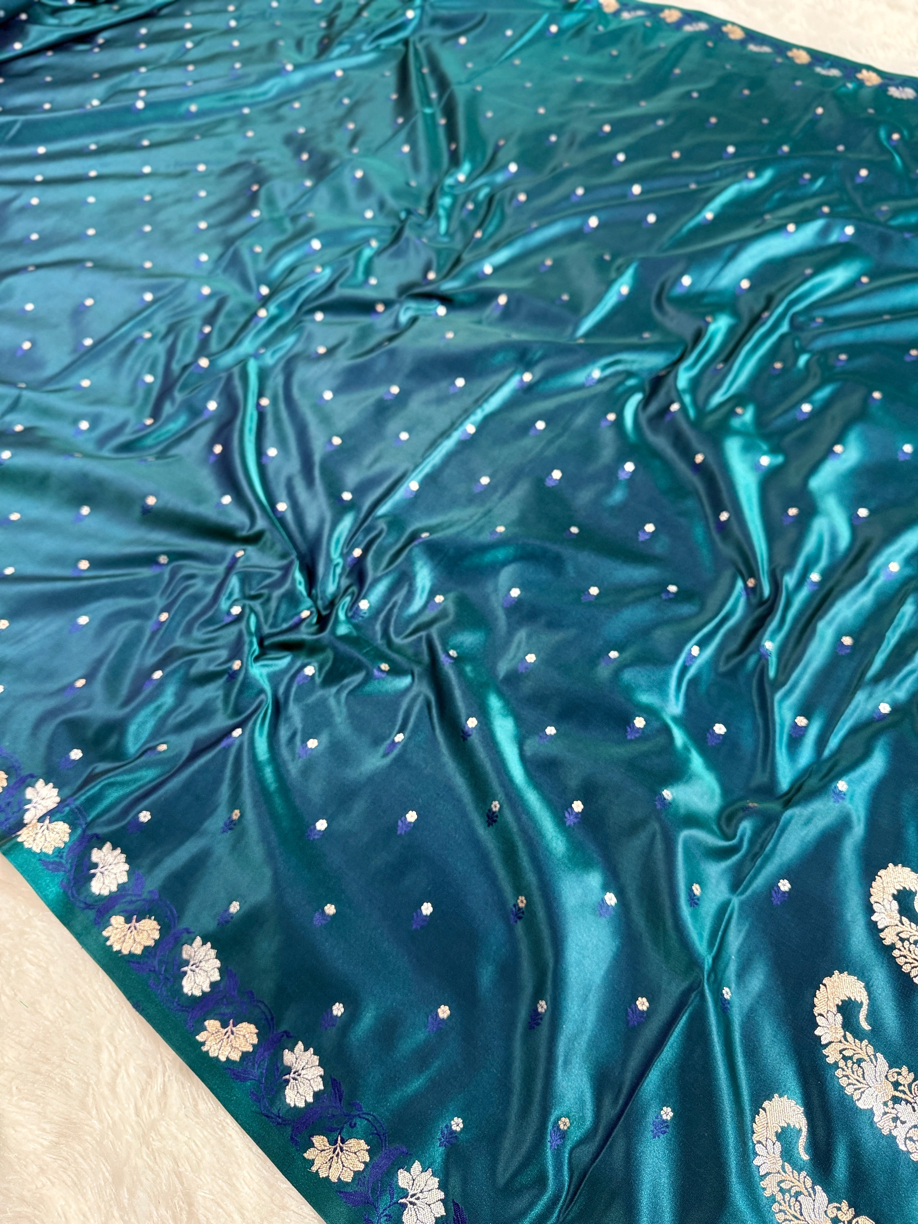 Peacock Banarasi Mashru Silk Saree with Dot Buti Weaving & Fancy Jacquard Border MKS105