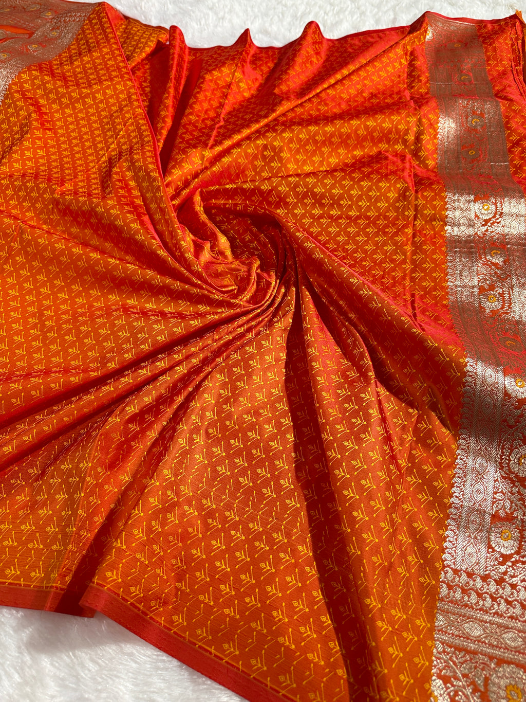 Yellow and Orange Rangkaat Banarasi Mashru Silk Saree with Jacquard Woven Jaal Pattern MKS033