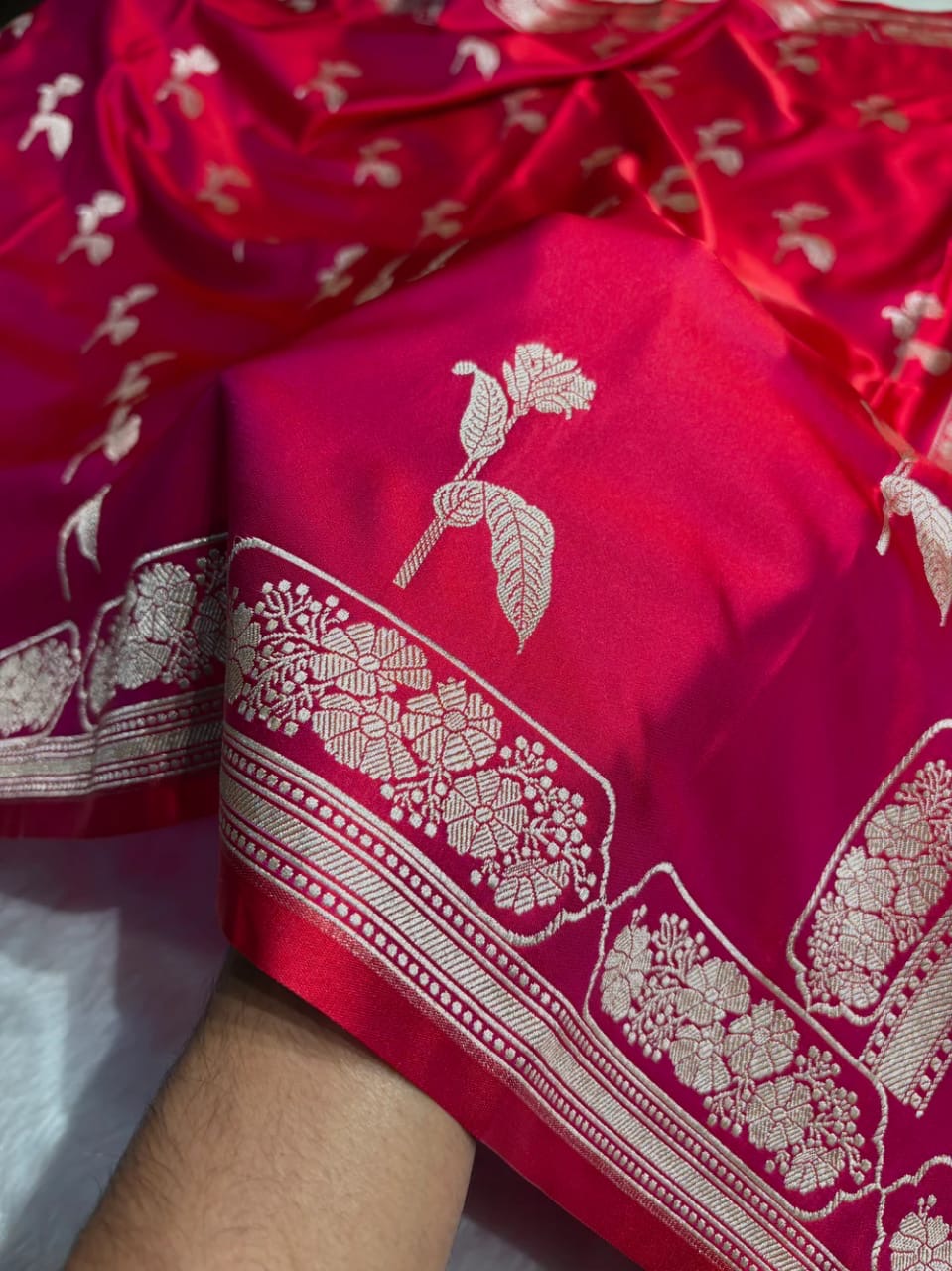 Banarasi Mashru Kataan Silk Saree Featuring Flower Buta Design with Ikkat Border and Zari Pallu – MKS409