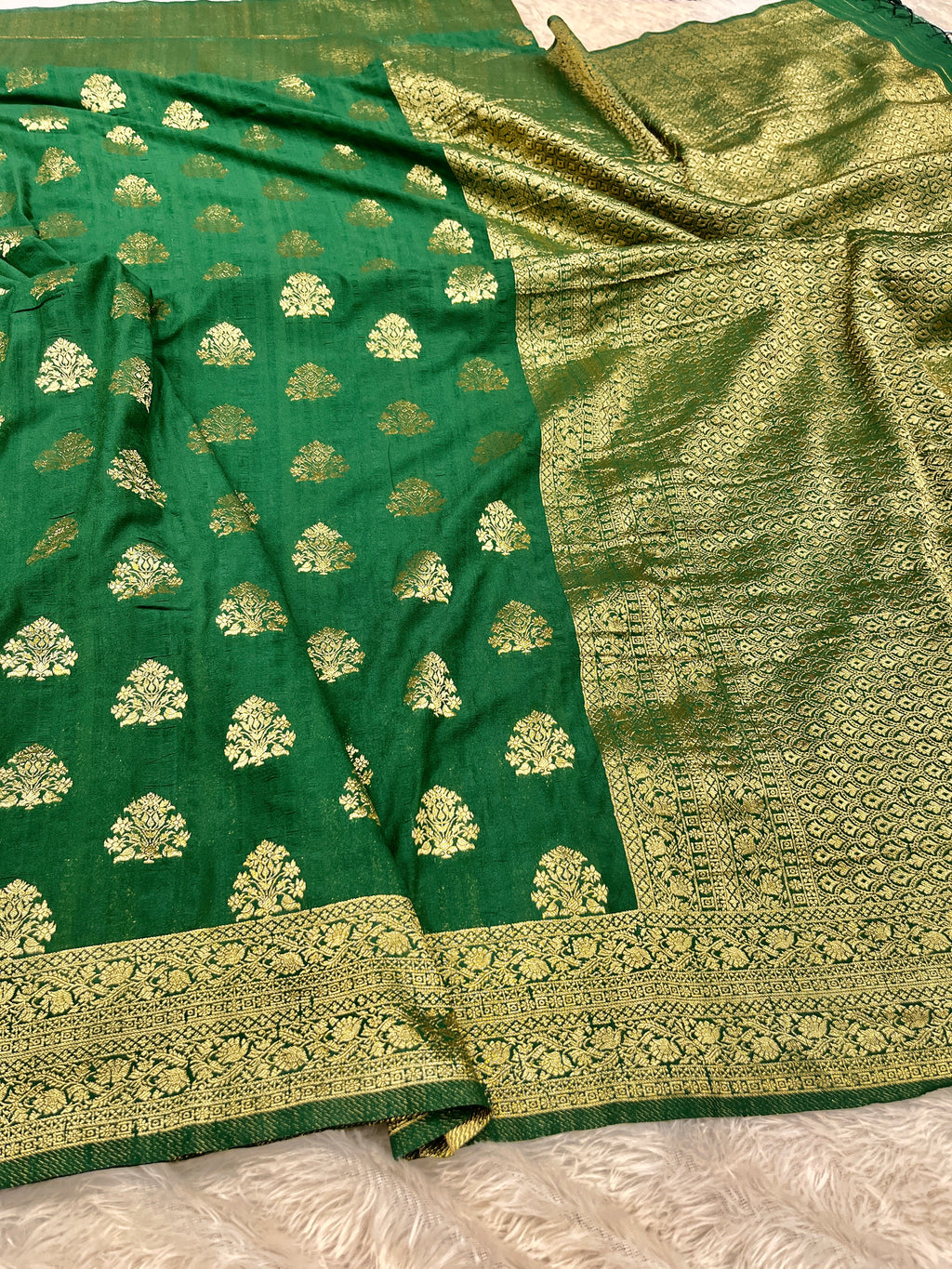 Raw Silk Zari Buta Green color Saree RS002