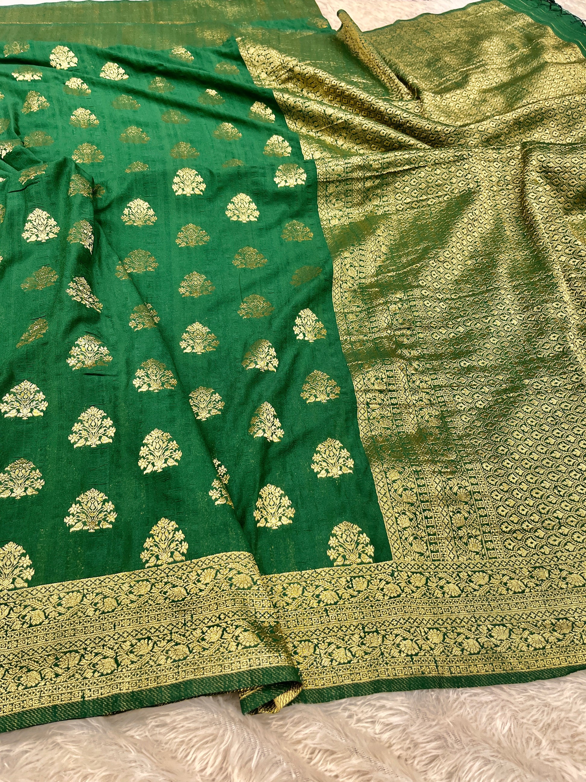 Raw Silk Zari Buta Green color Saree RS002