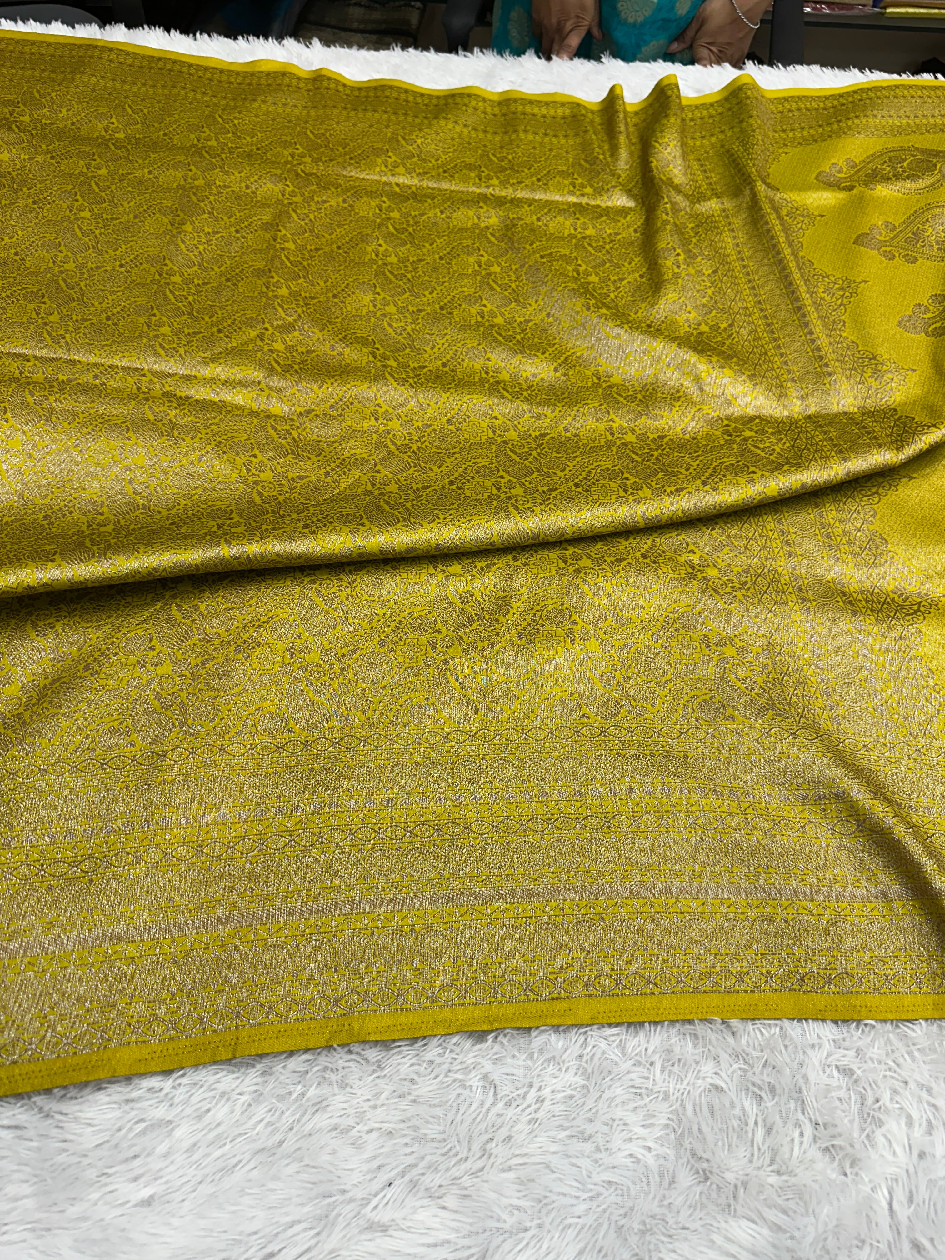 Lemon yellow Banarasi Dupion Silk Saree with Embossed Antique Zari Weaving & Rich Antique Zari Pallu | STF114