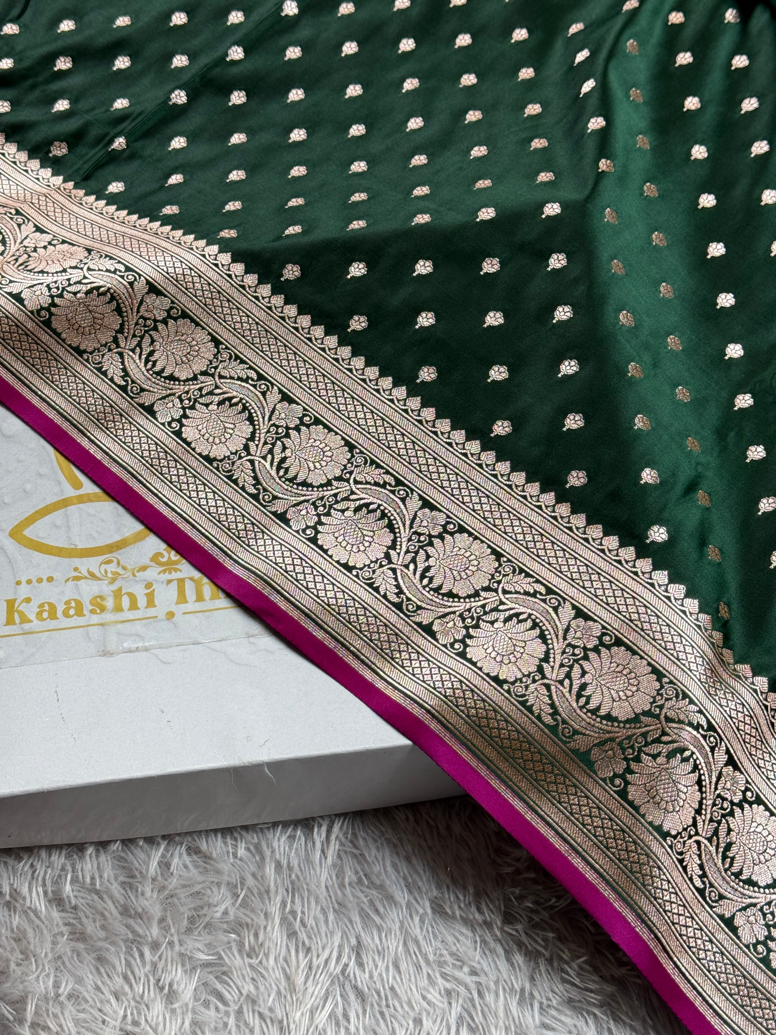 Elegant Green Soft Mashru Kataan Silk Saree with Buti Zari Weaving & Rich Pallu | MKS536
