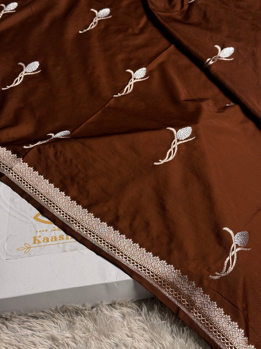 Elegant Coffee Banarasi Mashru Silk Saree with Meena Silver Zari Woven Pattern MKS221