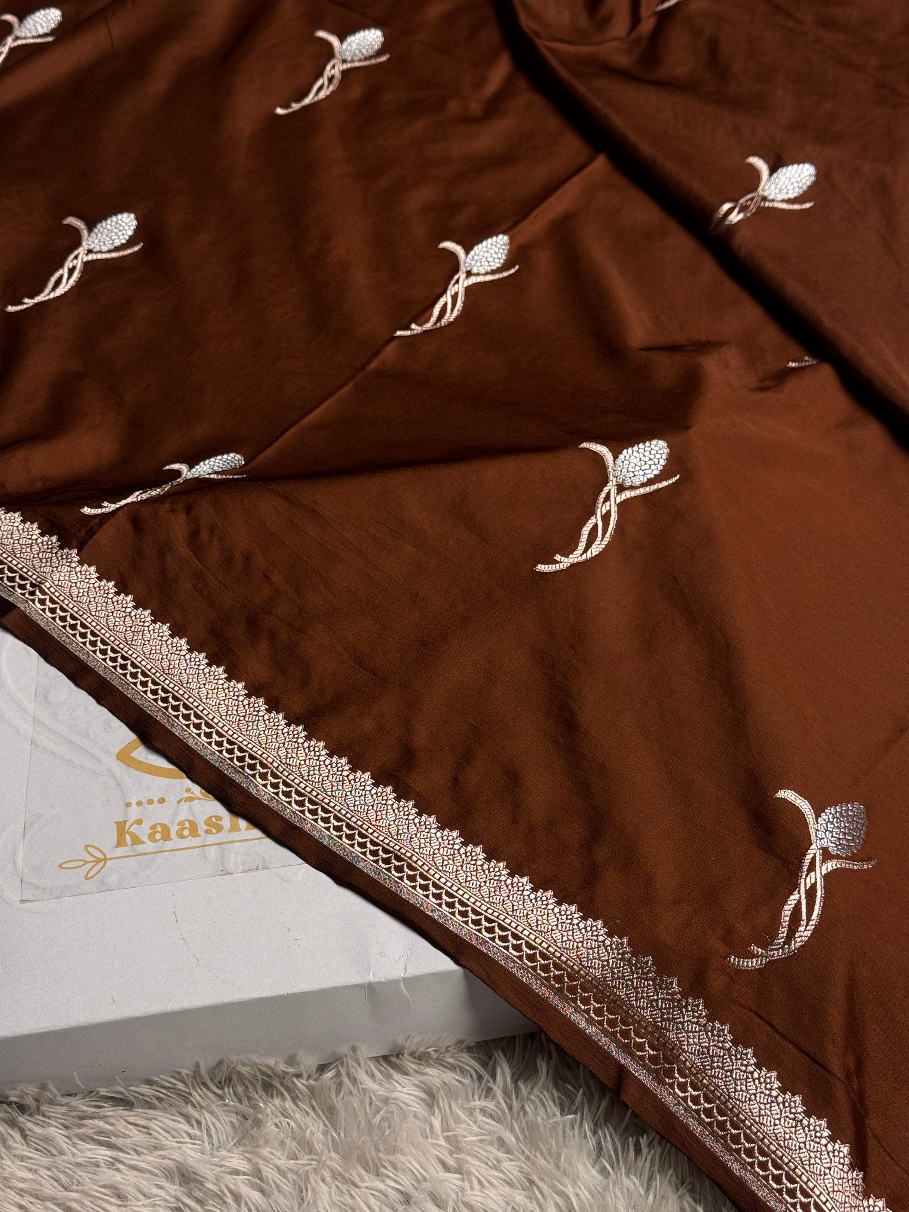 Elegant Coffee Banarasi Mashru Silk Saree with Meena Silver Zari Woven Pattern MKS221