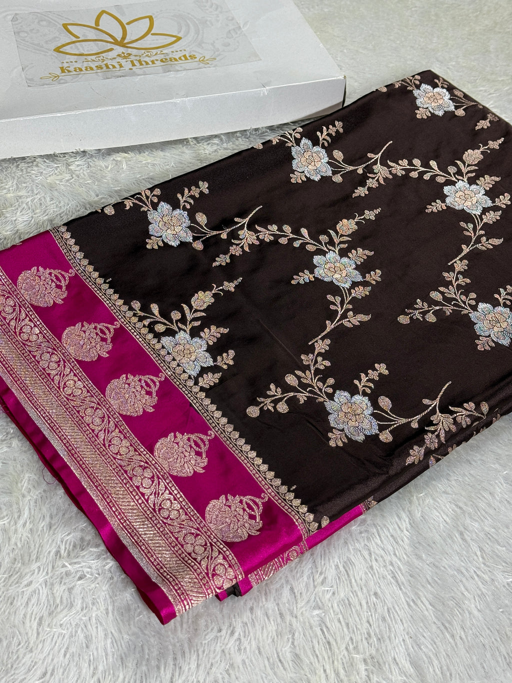 Chocolate Brown Mashru Silk Saree with Silver Zari Meena Jaal & Rani Pink Contrast MKS345