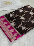 Chocolate Brown Mashru Silk Saree with Silver Zari Meena Jaal & Rani Pink Contrast MKS345