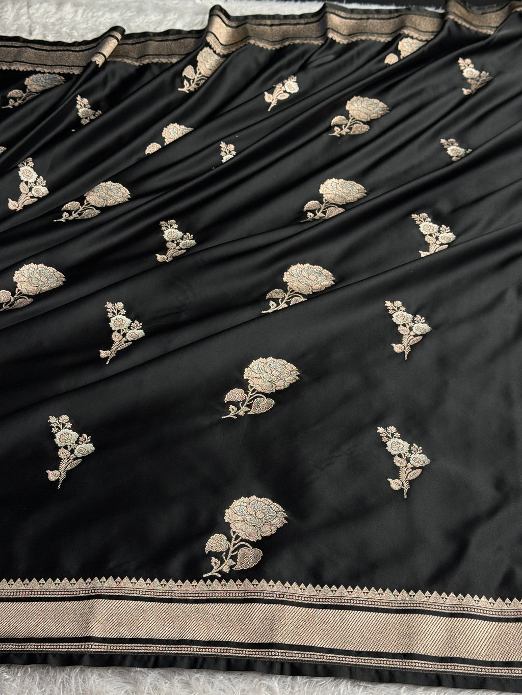 Black Mashru Kataan Silk Banarasi Saree with Silver Meena Weaving | MKS723