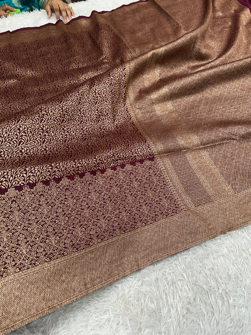 Wine Maroon Banarasi Dupion Silk Saree with Embossed Antique Zari Weaving & Rich Antique Zari Pallu | STF103