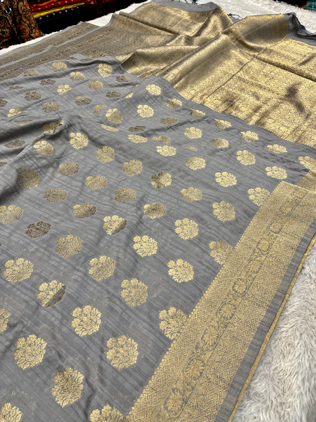 Raw Silk Zari Buta Grey  color  Saree RS002
