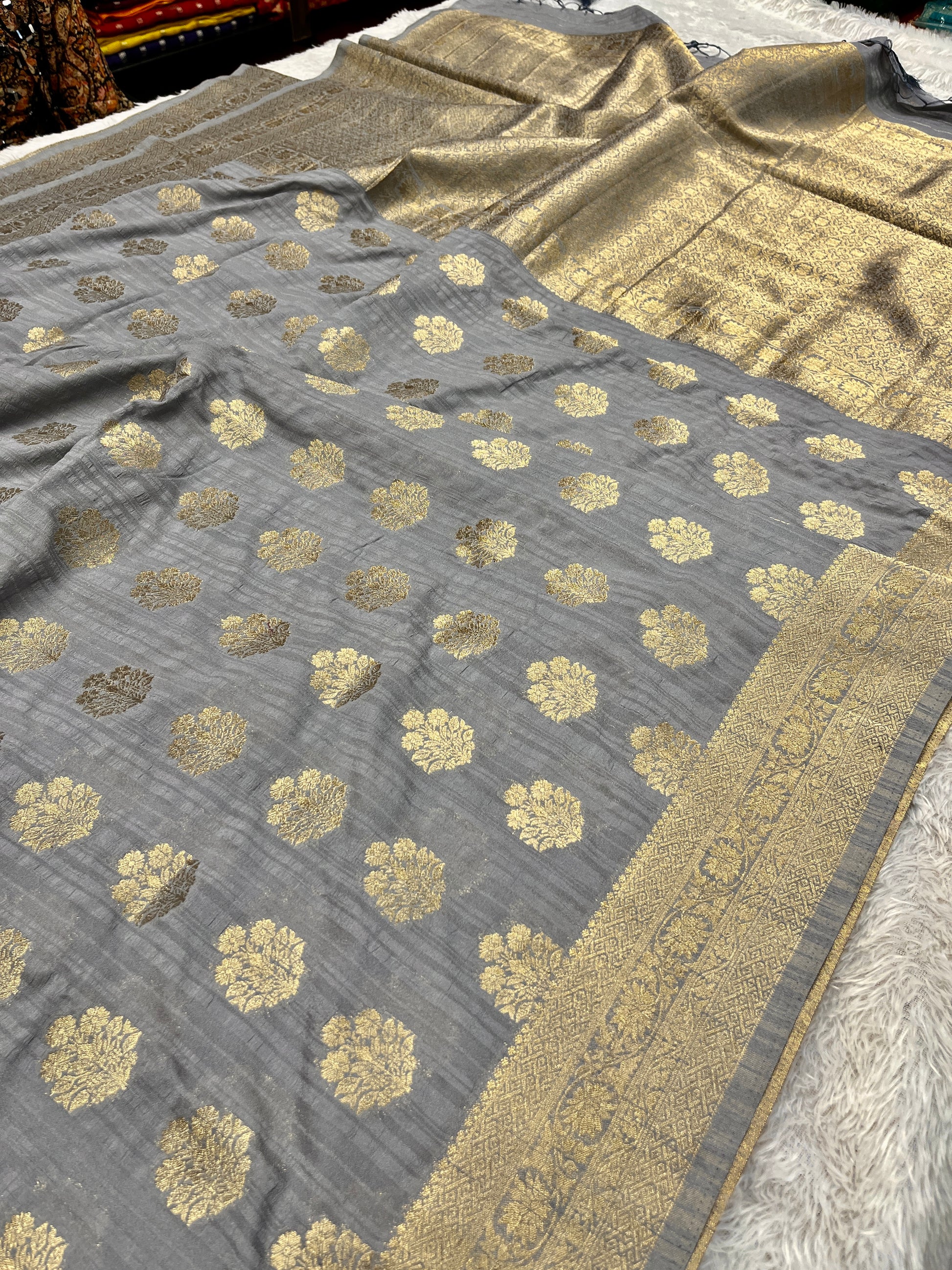 Raw Silk Zari Buta Grey  color  Saree RS002