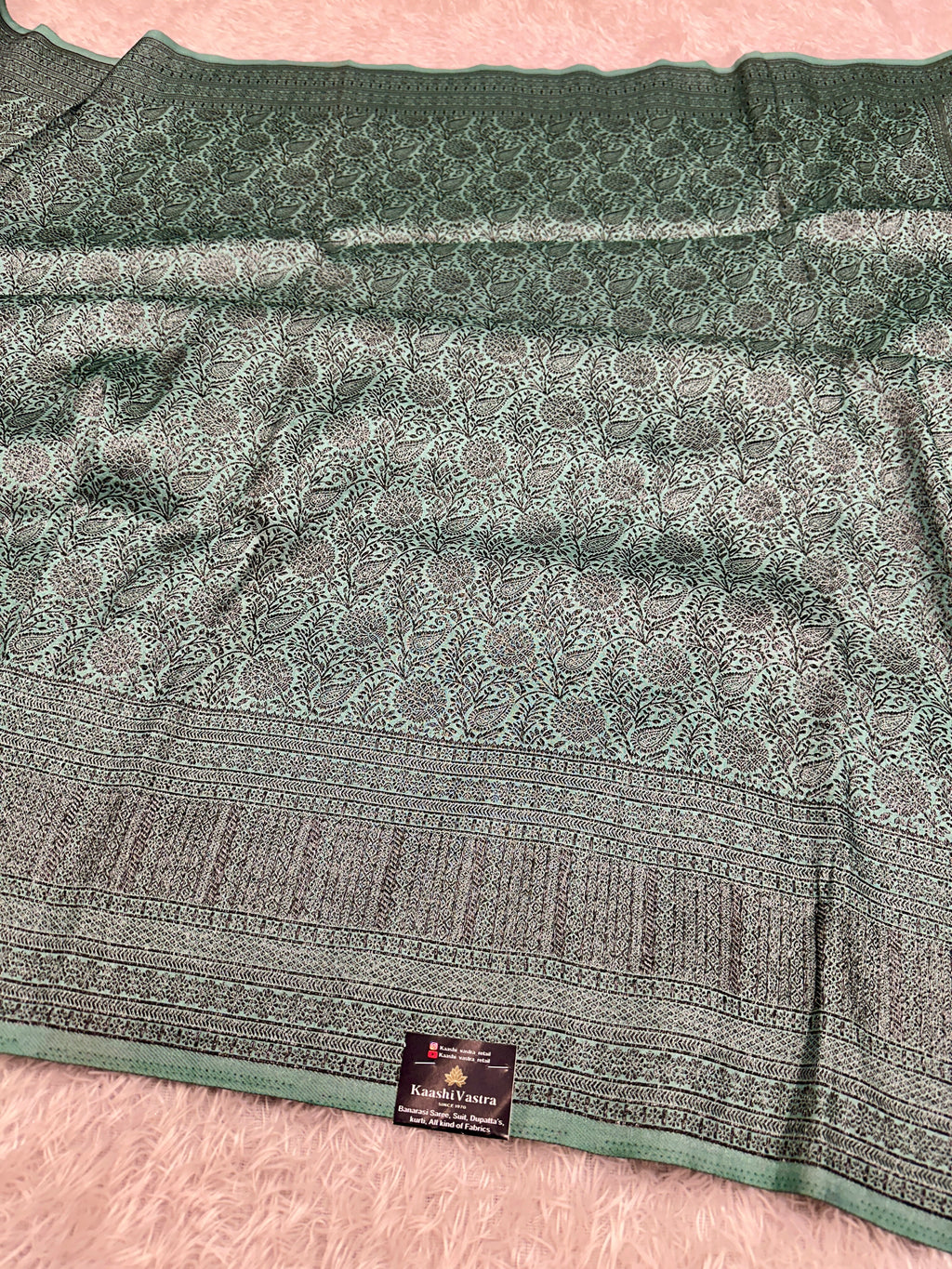 STF51 – Charming Sea Green Dupion Saree with All-Over Floral Woven Designs
