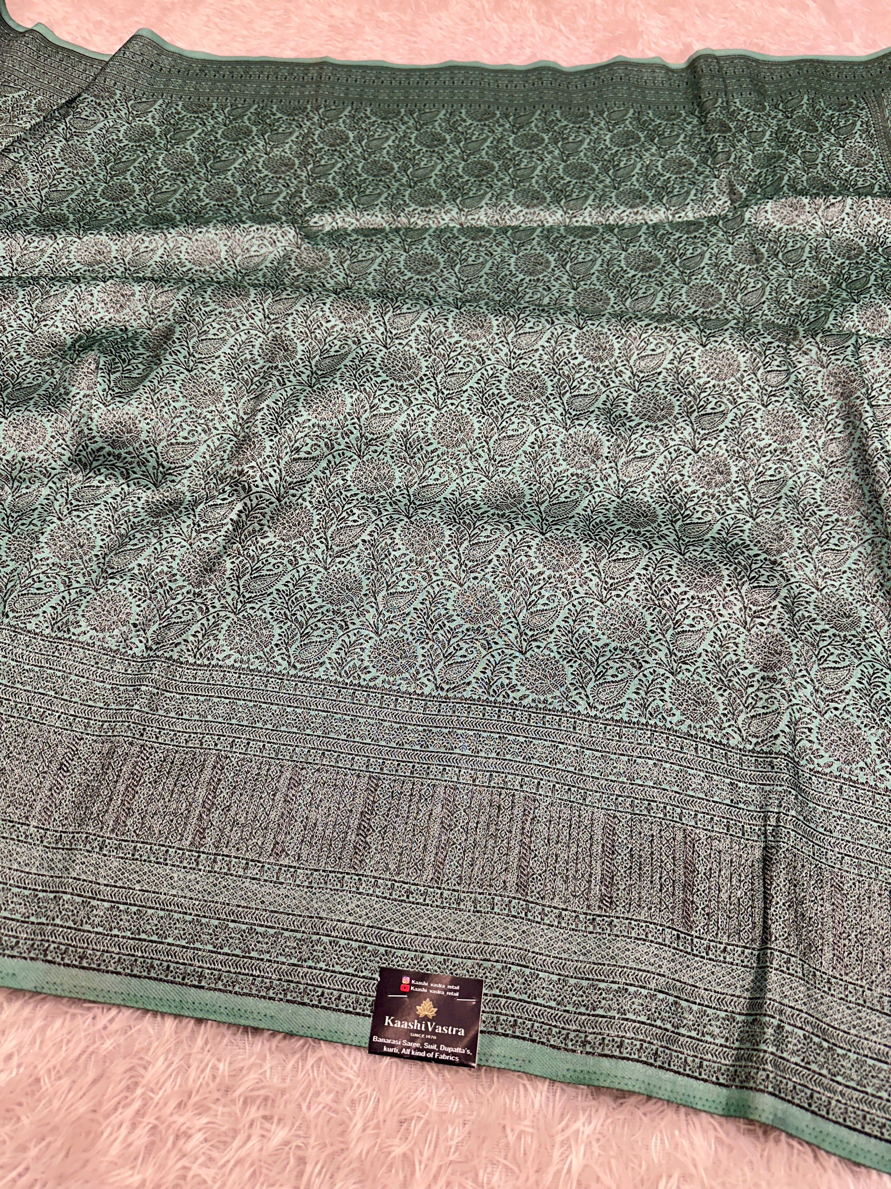 STF51 – Charming Sea Green Dupion Saree with All-Over Floral Woven Designs