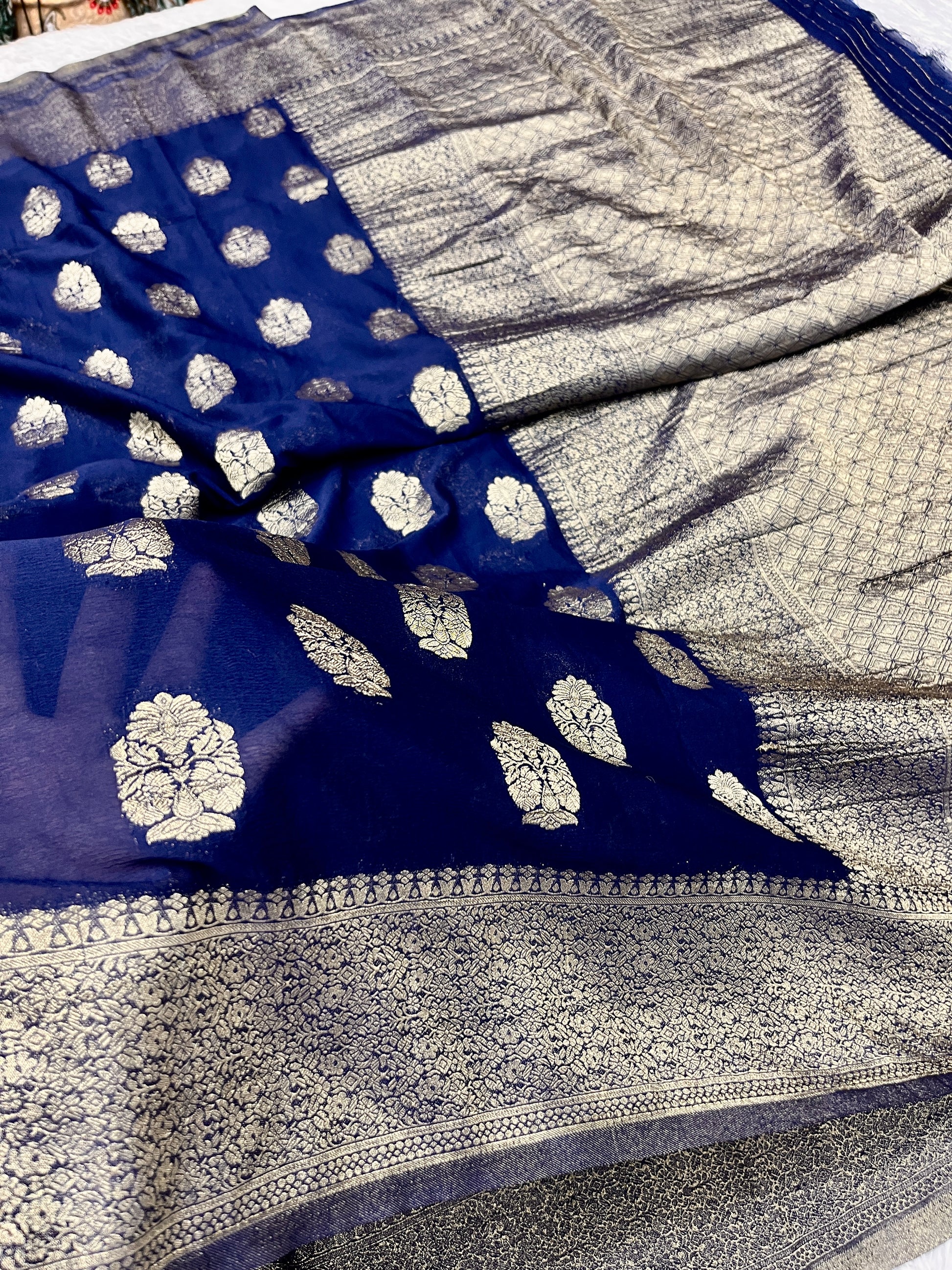 Chinon Silk Royal Buta   Design Navy blue  Saree CN08