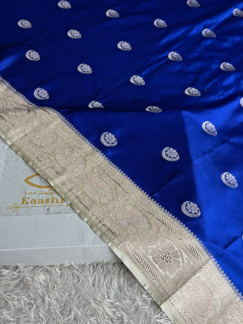 Royal Blue & Beige Mashru Kataan Silk Saree with Chand Taara Zari Buta | Banarasi Saree | MKS785