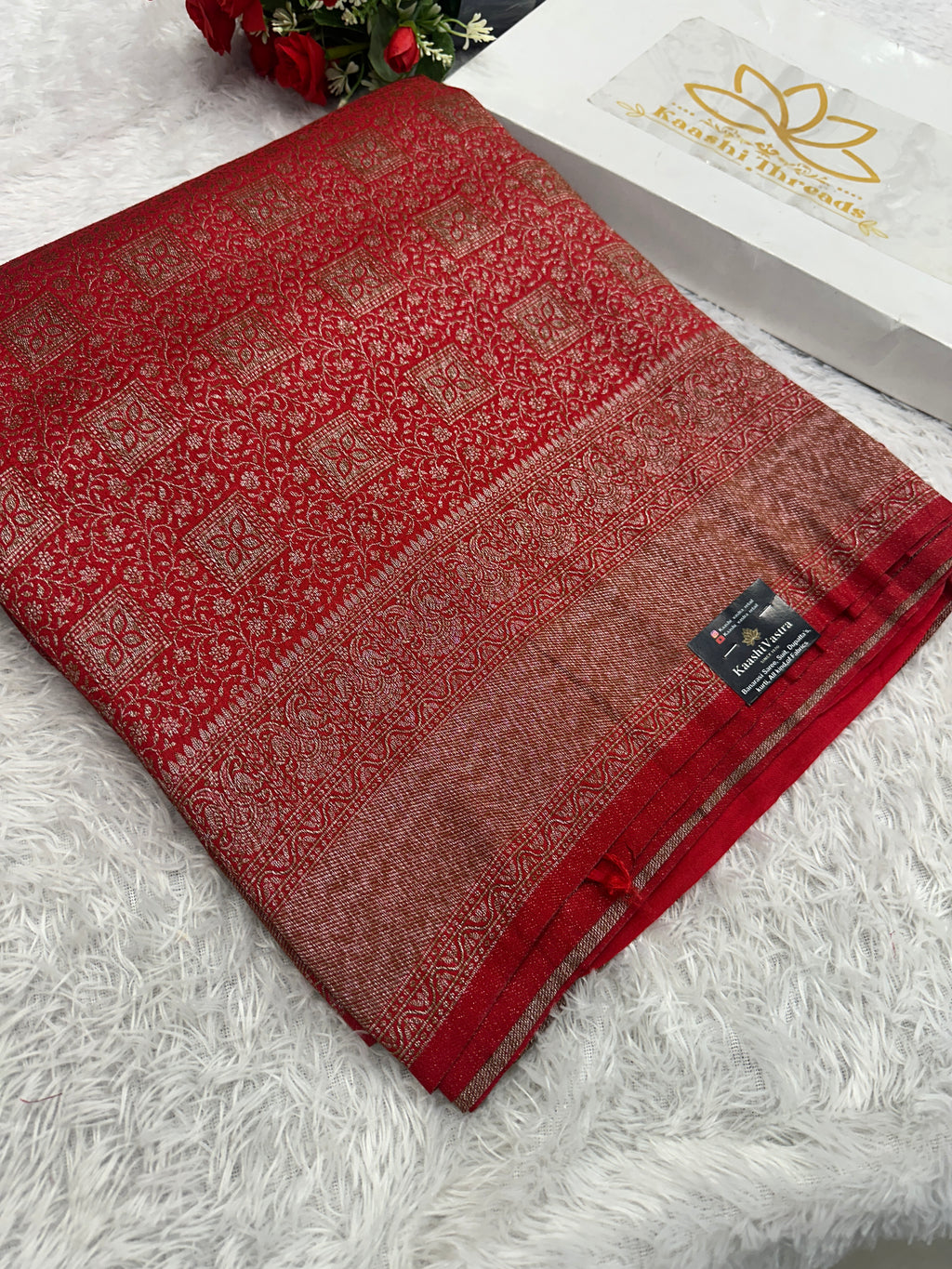 Red Banarasi Dupion Silk Saree with Embossed Antique Zari Weaving & Rich Antique Zari Pallu | STF107