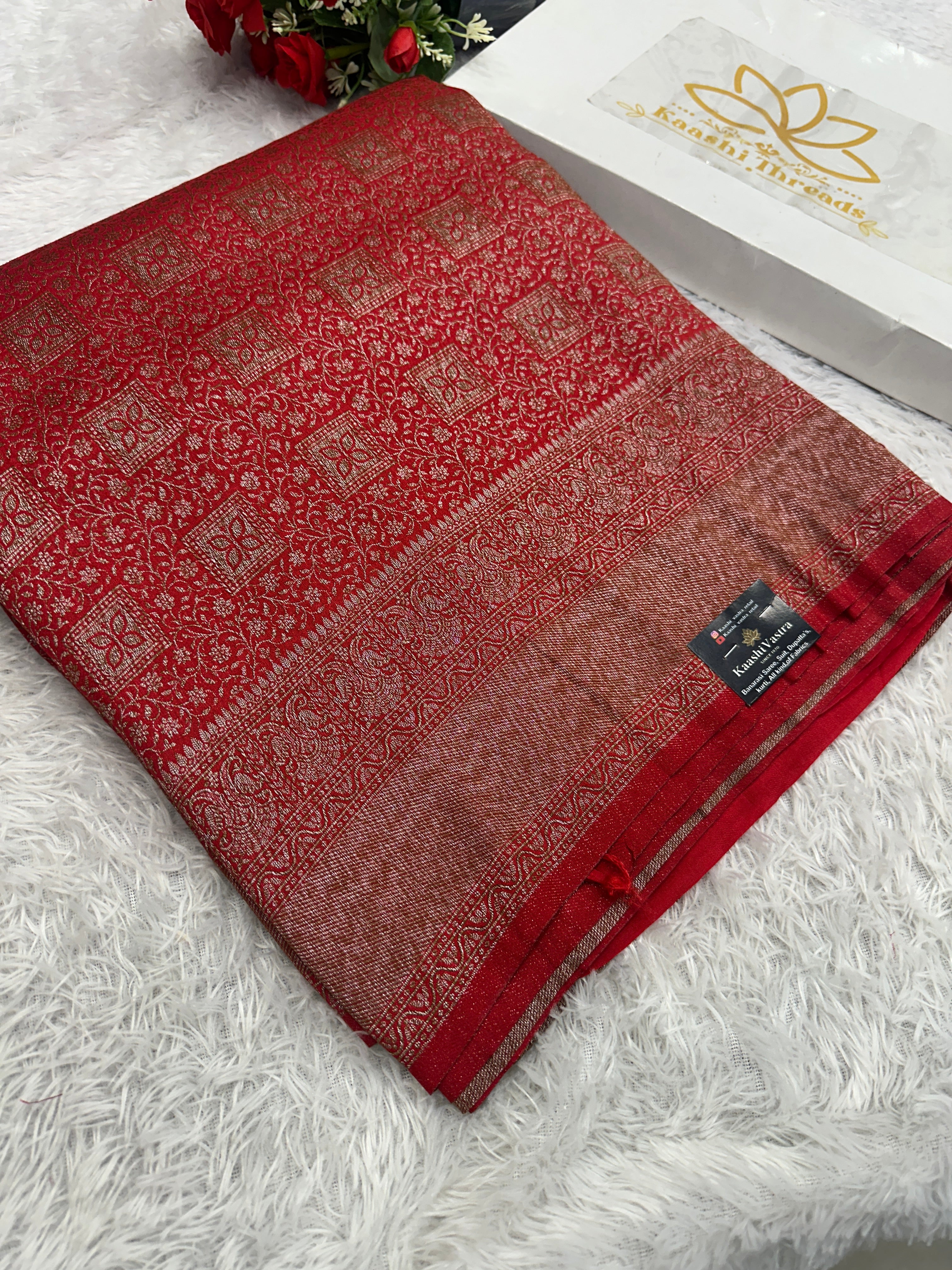 Red Banarasi Dupion Silk Saree with Embossed Antique Zari Weaving & Rich Antique Zari Pallu | STF107