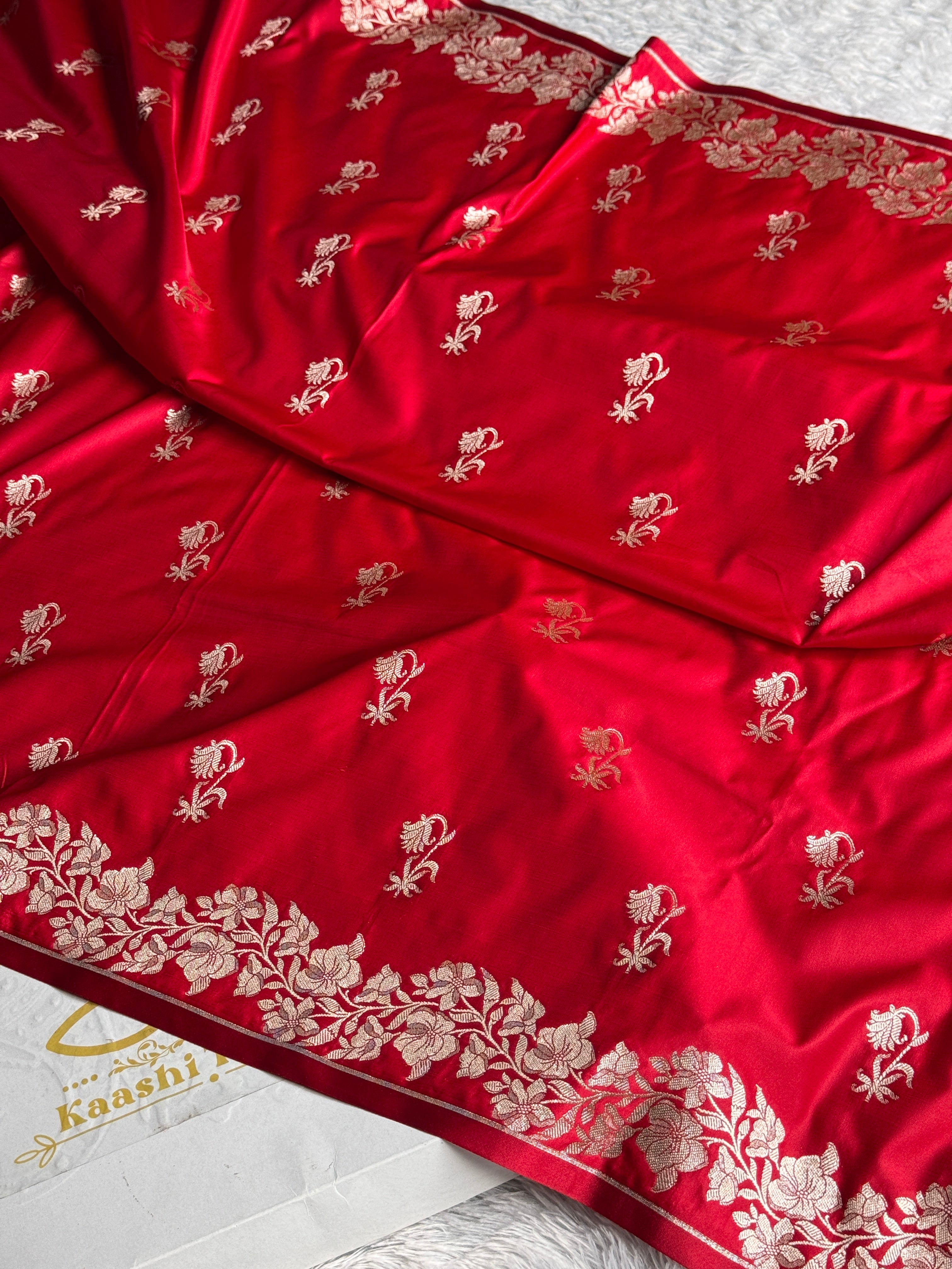 Red Mashru Kataan Silk Banarasi Saree with Buta Woven Design | Kaashi Threads (MKS522)