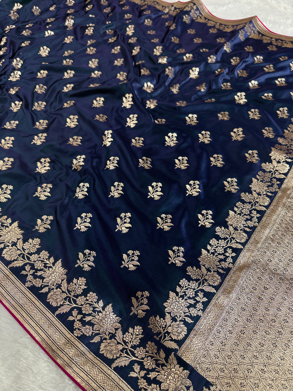 Navy Blue Banarasi Mashru Kataan Silk Saree with Jacquard Woven Flower Zari Buta & Rupa-Sona Zari