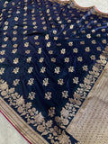 Navy Blue Banarasi Mashru Kataan Silk Saree with Jacquard Woven Flower Zari Buta & Rupa-Sona Zari