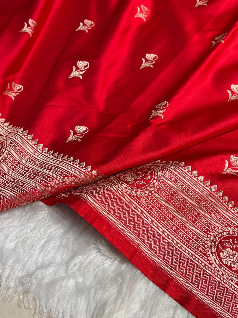 MKS305 Banarasi Mashru Silk Saree with Buta Pattern – Black, Red, Green, Yellow & Orange