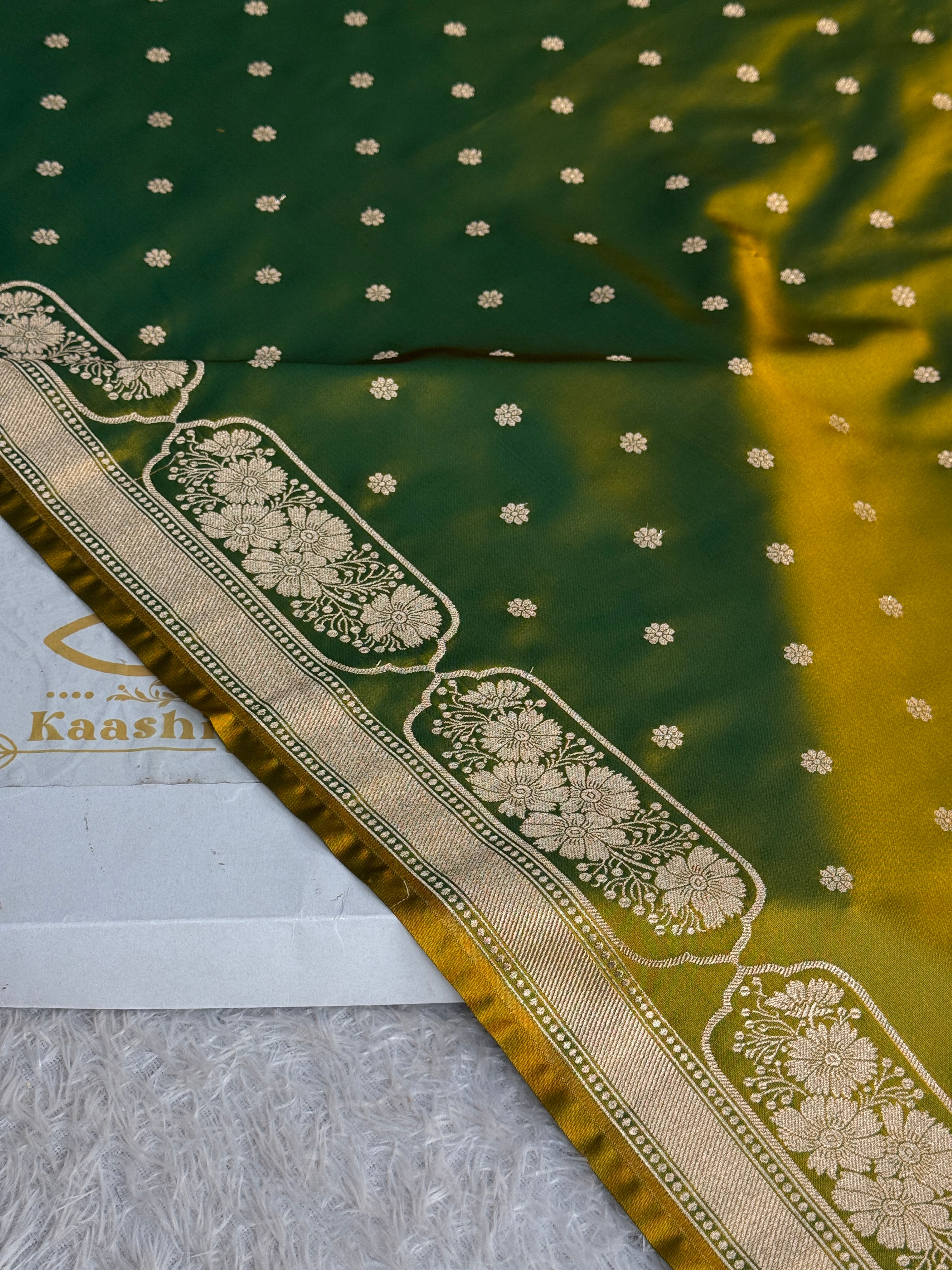 Green Yellow Mashru Kataan Silk Banarasi Saree with Zari Buta Design | MKS741 | Kaashi Threads