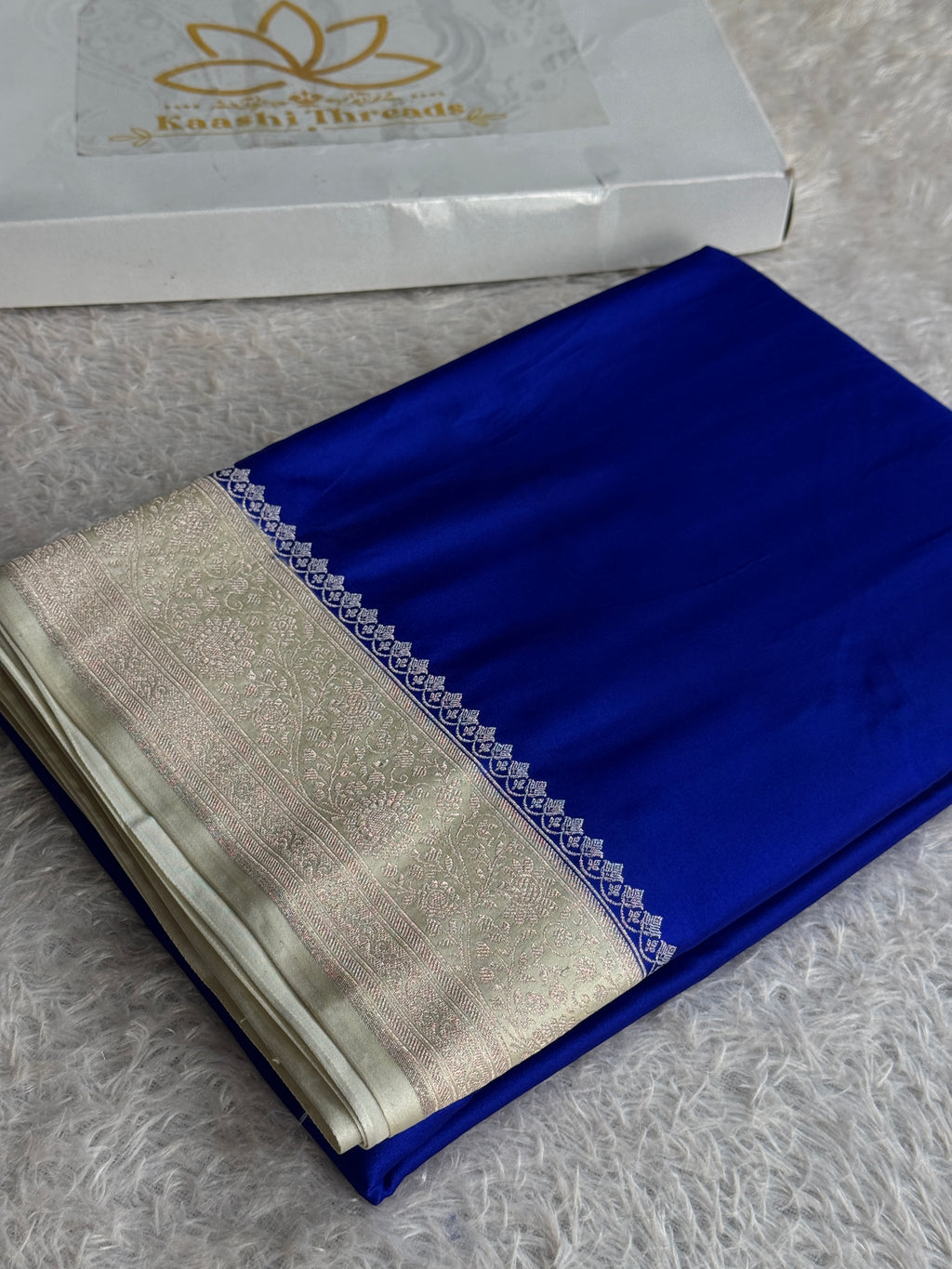 Royal Blue Mashru Kataan Silk Banarasi Saree with Beige Zari Border | MKS74