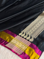 Black Mashru Silk Tanchoi Woven Saree with Multicolour Zari Border & Rich Zari Pallu | MKS851