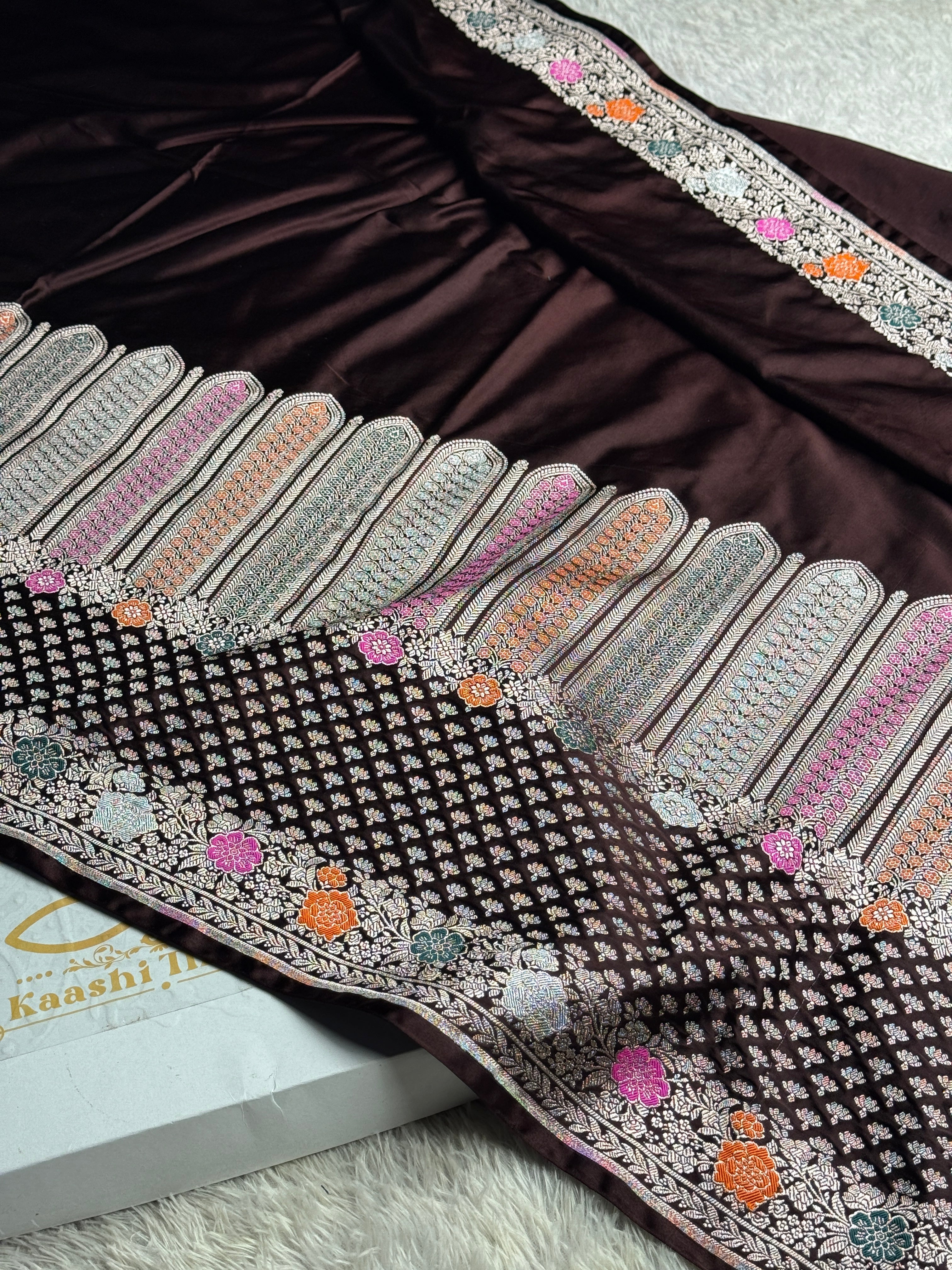 ✨ Royal Wine Meenakari Woven Banarasi Satin Mashru Silk Saree with Scalloped Border MKS212