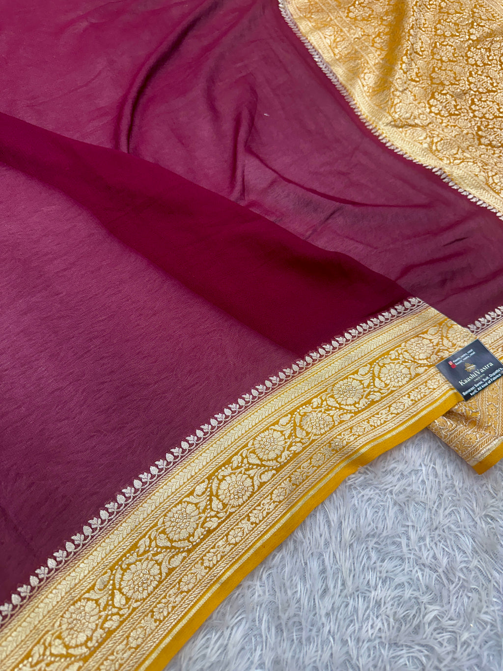 Pure Silk Georgette Wine & Yellow Banarasi Saree with Nimzari Woven Border & Rich Zari Pallu PS152