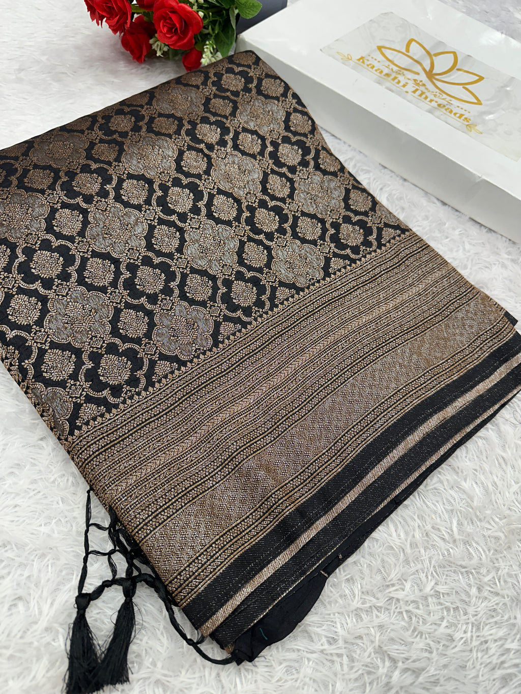 Black Banarasi Dupion Silk Saree with Embossed Antique Zari Weaving & Rich Antique Zari Pallu | STF100