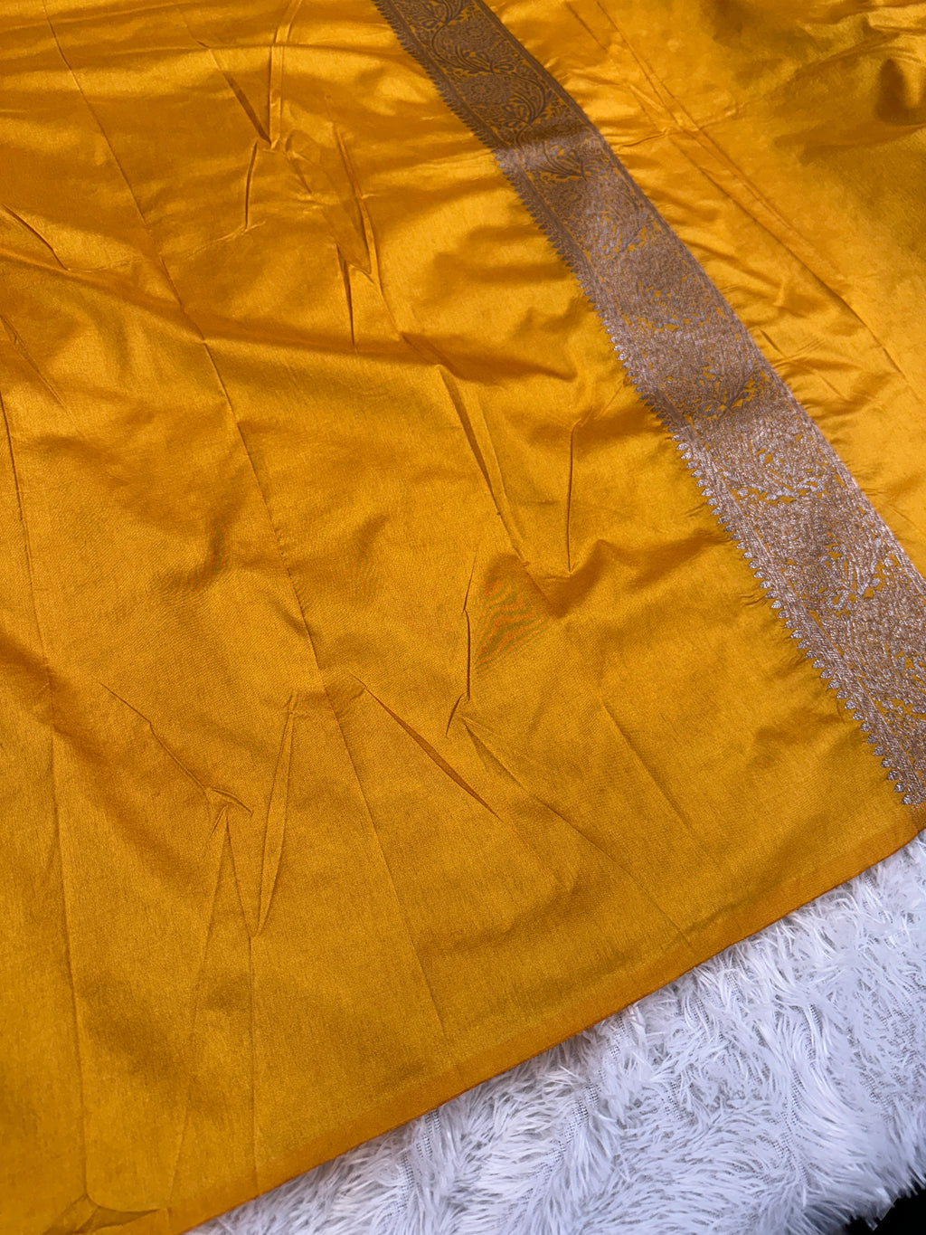 Mustard yellow Banarasi Dupion Silk Saree with Embossed Antique Zari Weaving & Rich Antique Zari Pallu | STF113